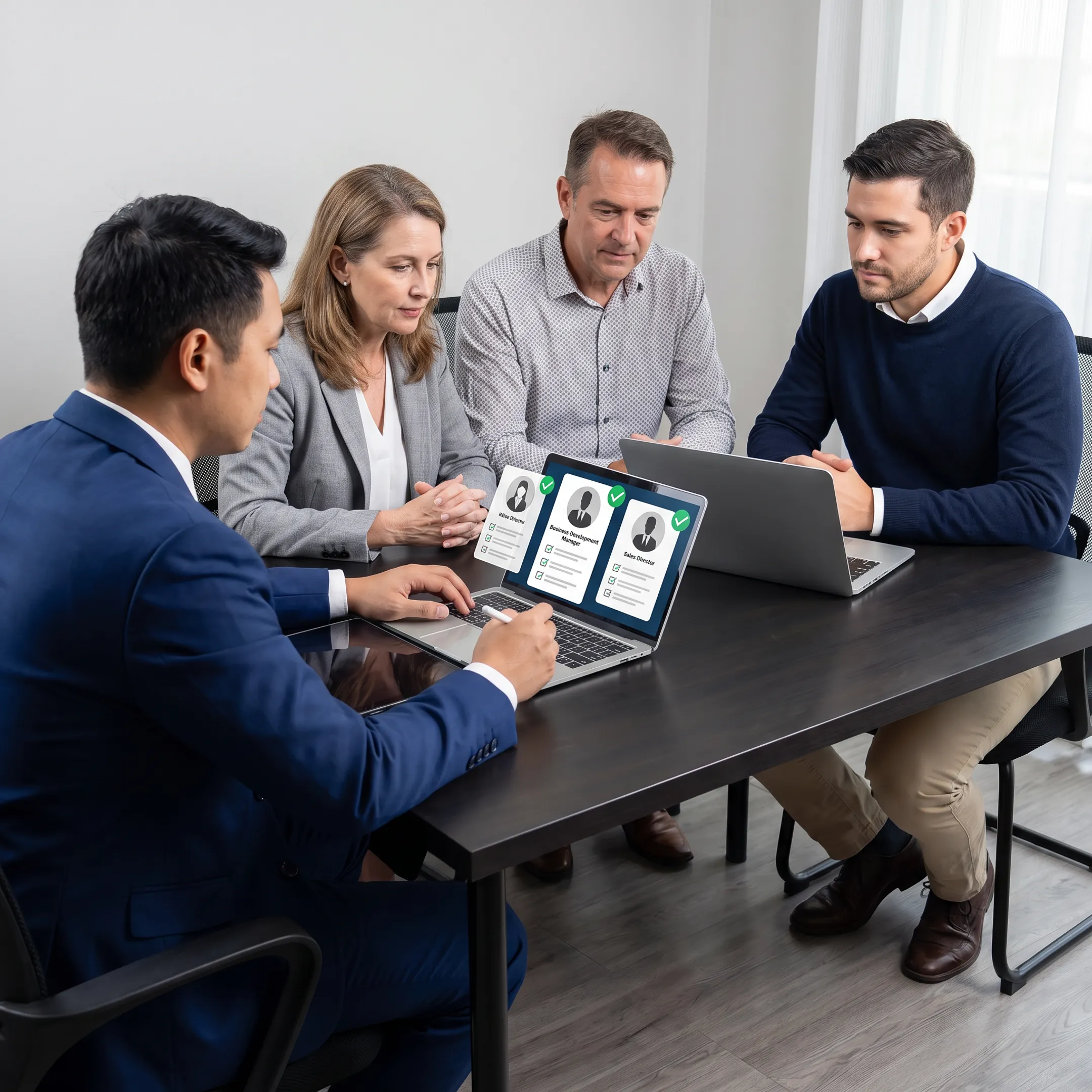 Recruitment consultant discussing business development candidates with a US hiring team