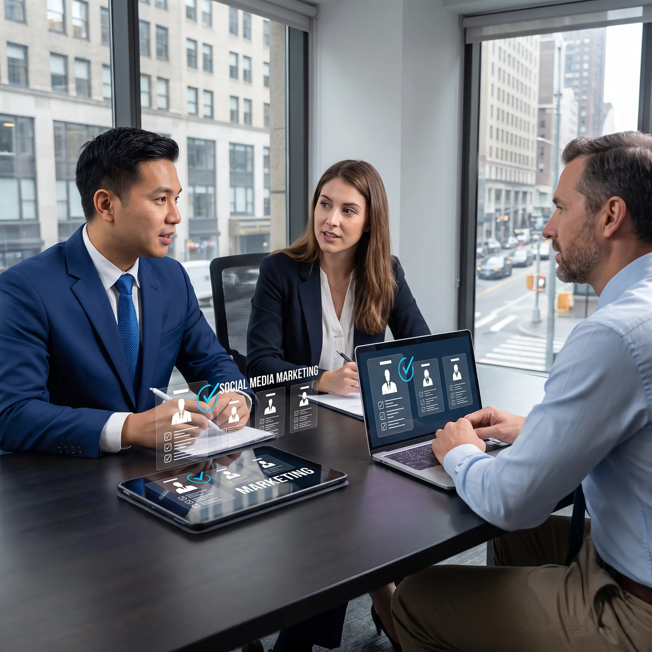 Recruitment team reviewing social media marketing candidate profiles with a US employer