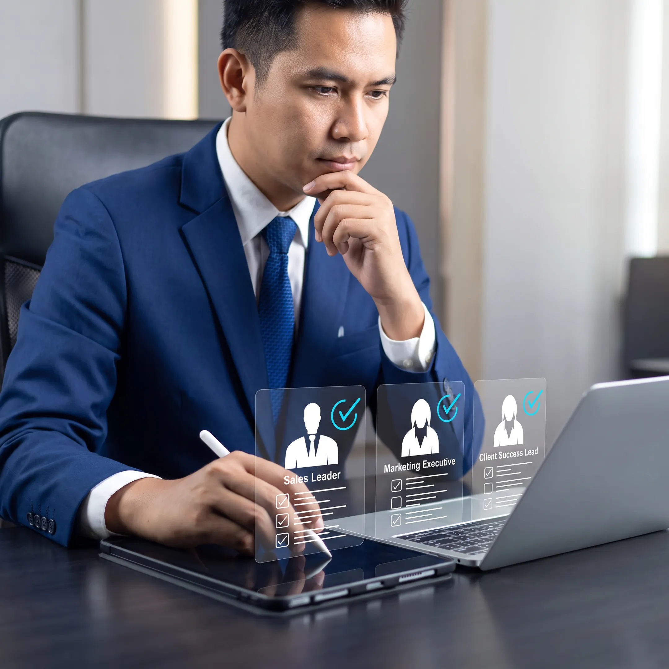 Executive search consultants reviewing commercial leadership candidates in a Washington DC business setting