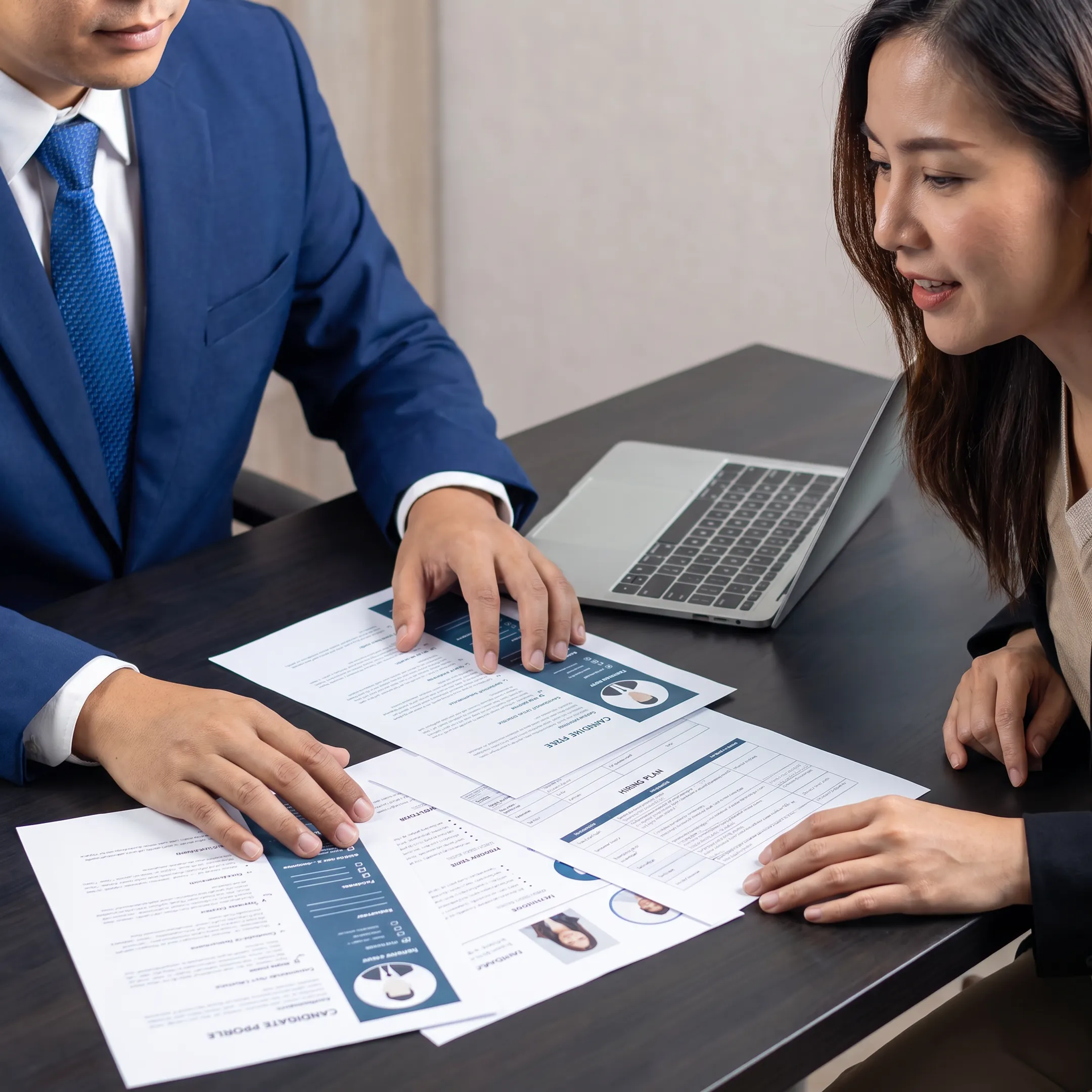 Recruitment consultants reviewing manufacturing candidate profiles with an employer in a modern Charlotte office