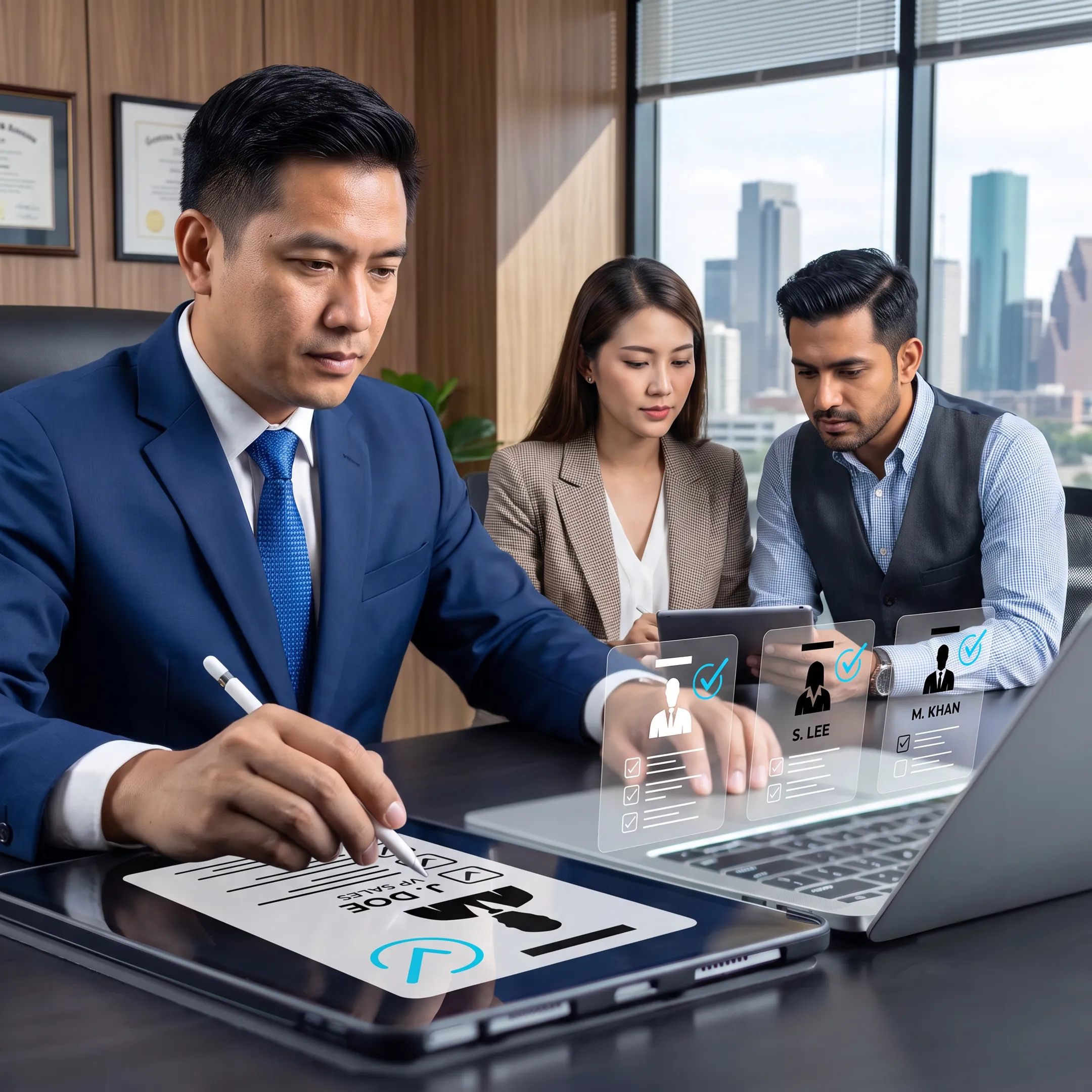 Recruitment consultants reviewing executive candidate profiles with business leaders