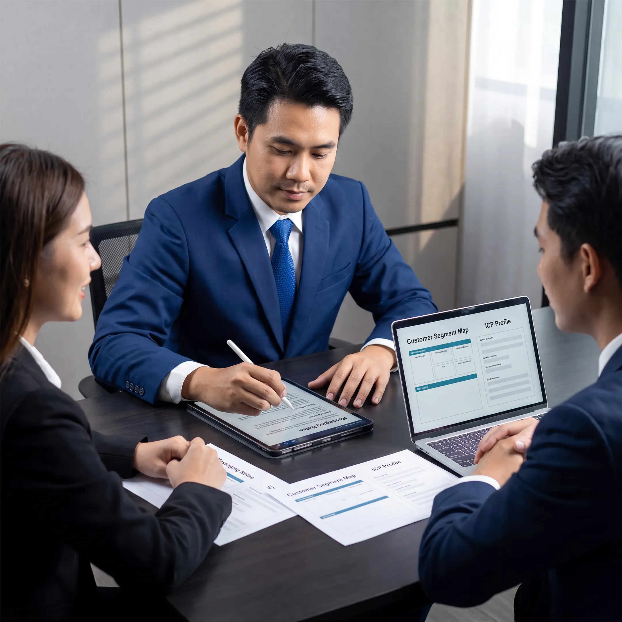 Consultants mapping customer segments and ideal customer profiles for a U.S. go-to-market team