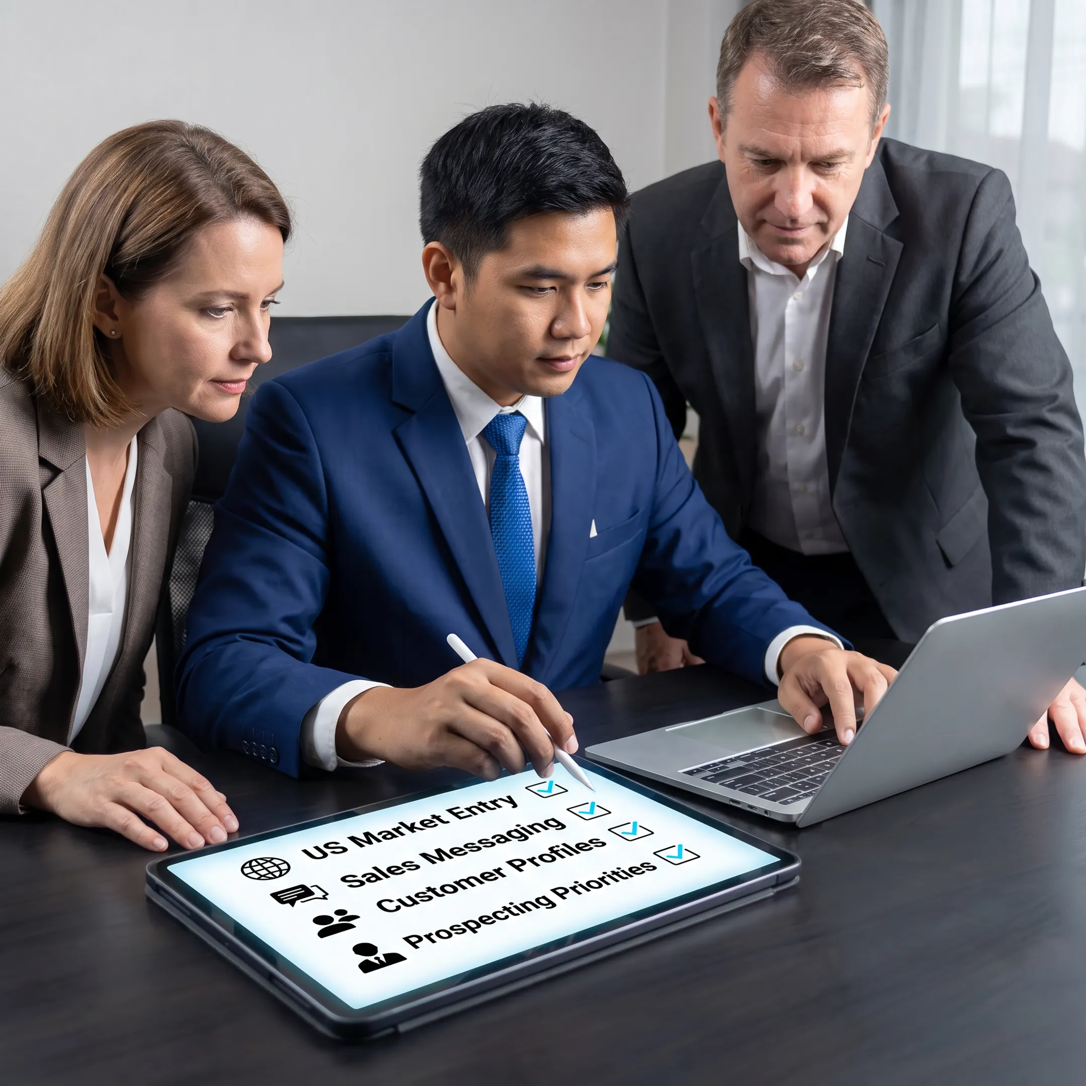 Consultants planning an outbound sales strategy for US market entry