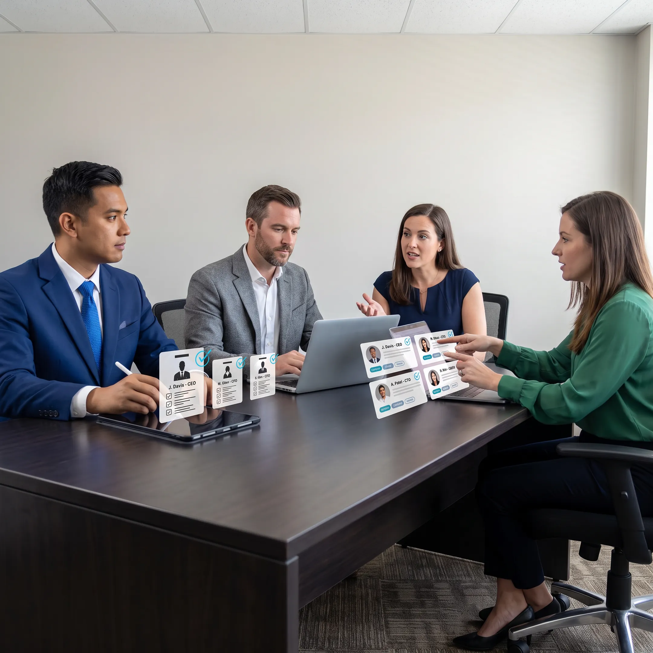Recruiting professionals reviewing candidate profiles with an employer during a hiring consultation