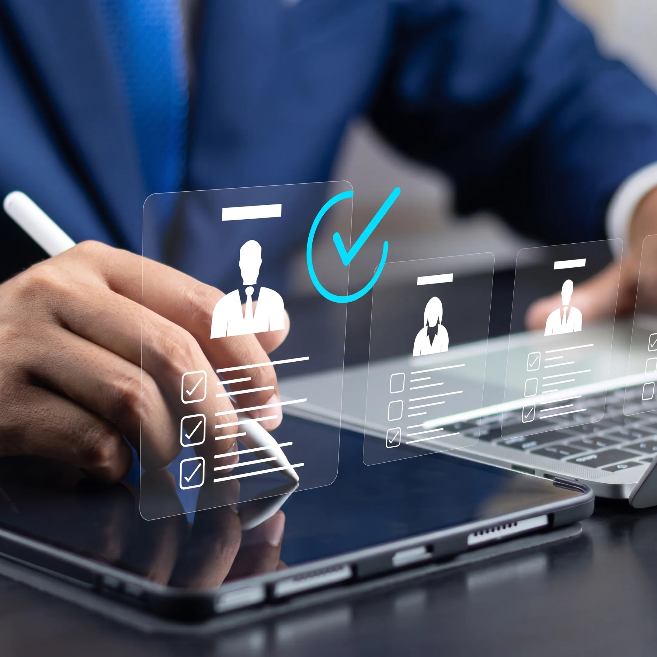 Recruitment specialists discussing qualified candidates with an employer in a modern office
