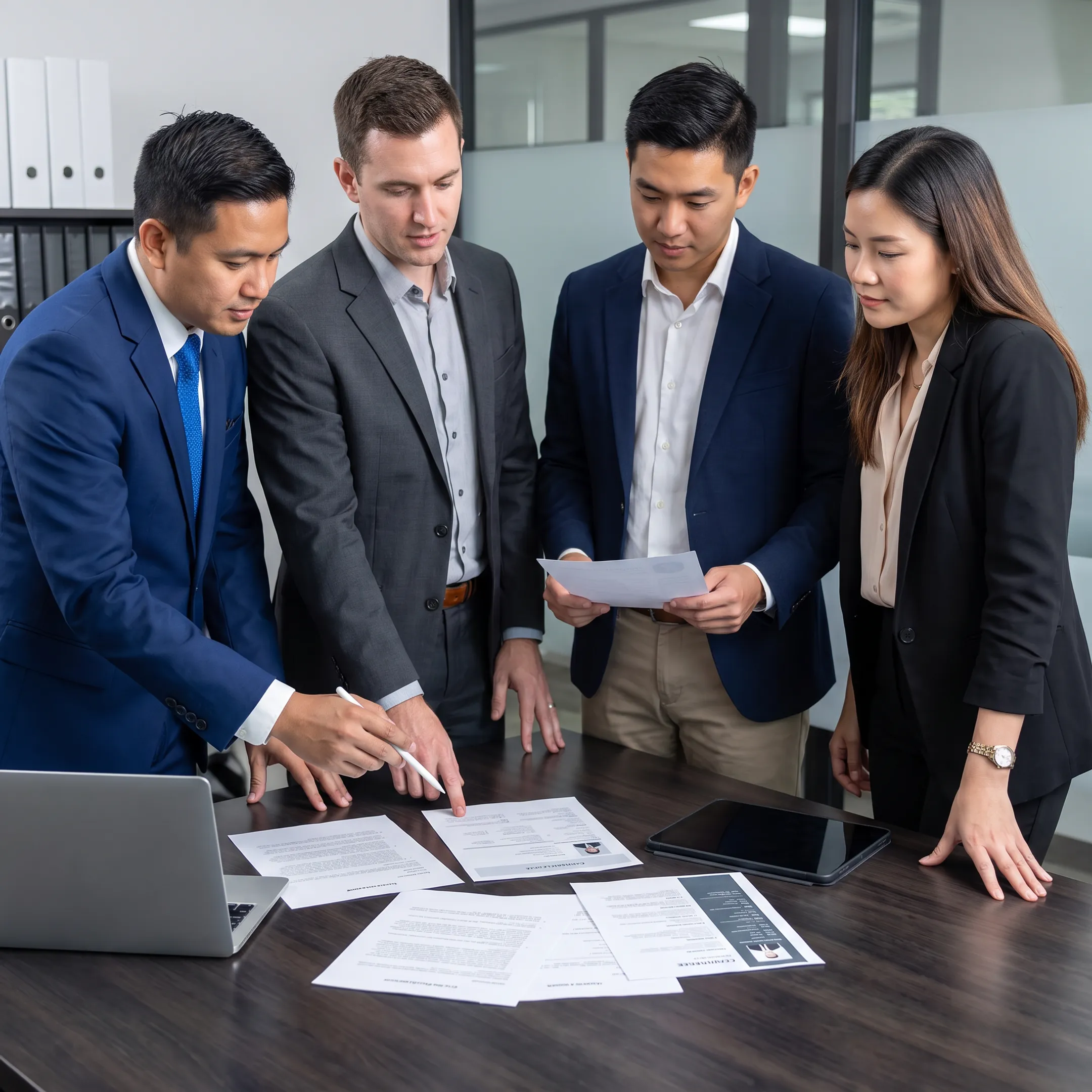 Recruitment consultants reviewing candidate profiles with an employer in a modern Alpharetta office