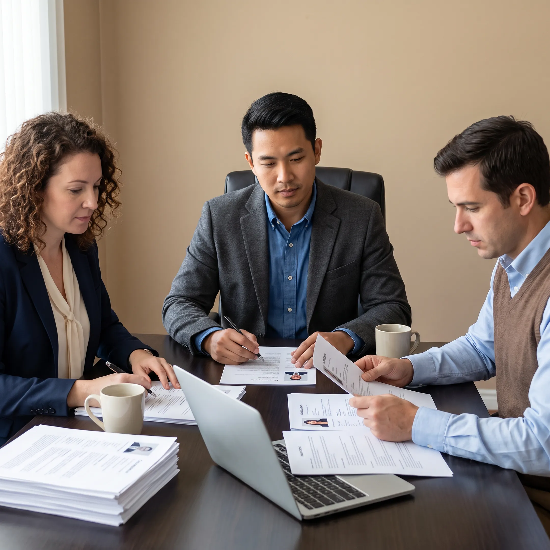Recruitment consultants reviewing candidate profiles with an employer in a modern Seattle office