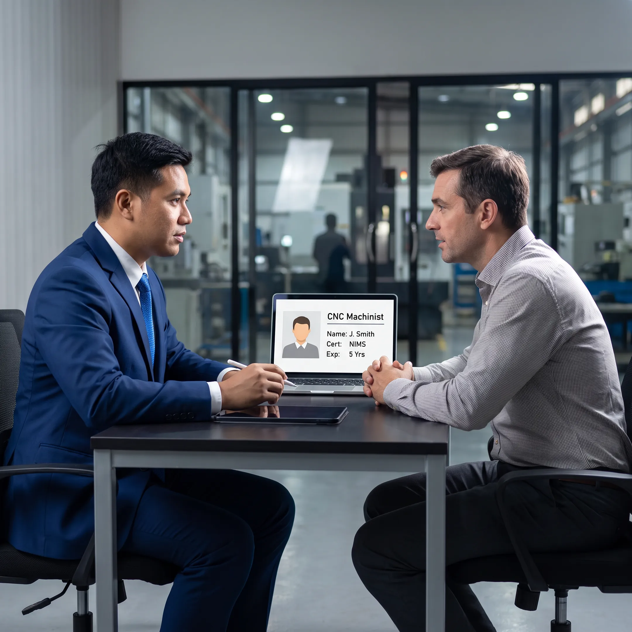 Recruitment consultant interviewing a skilled trades candidate for a manufacturing employer