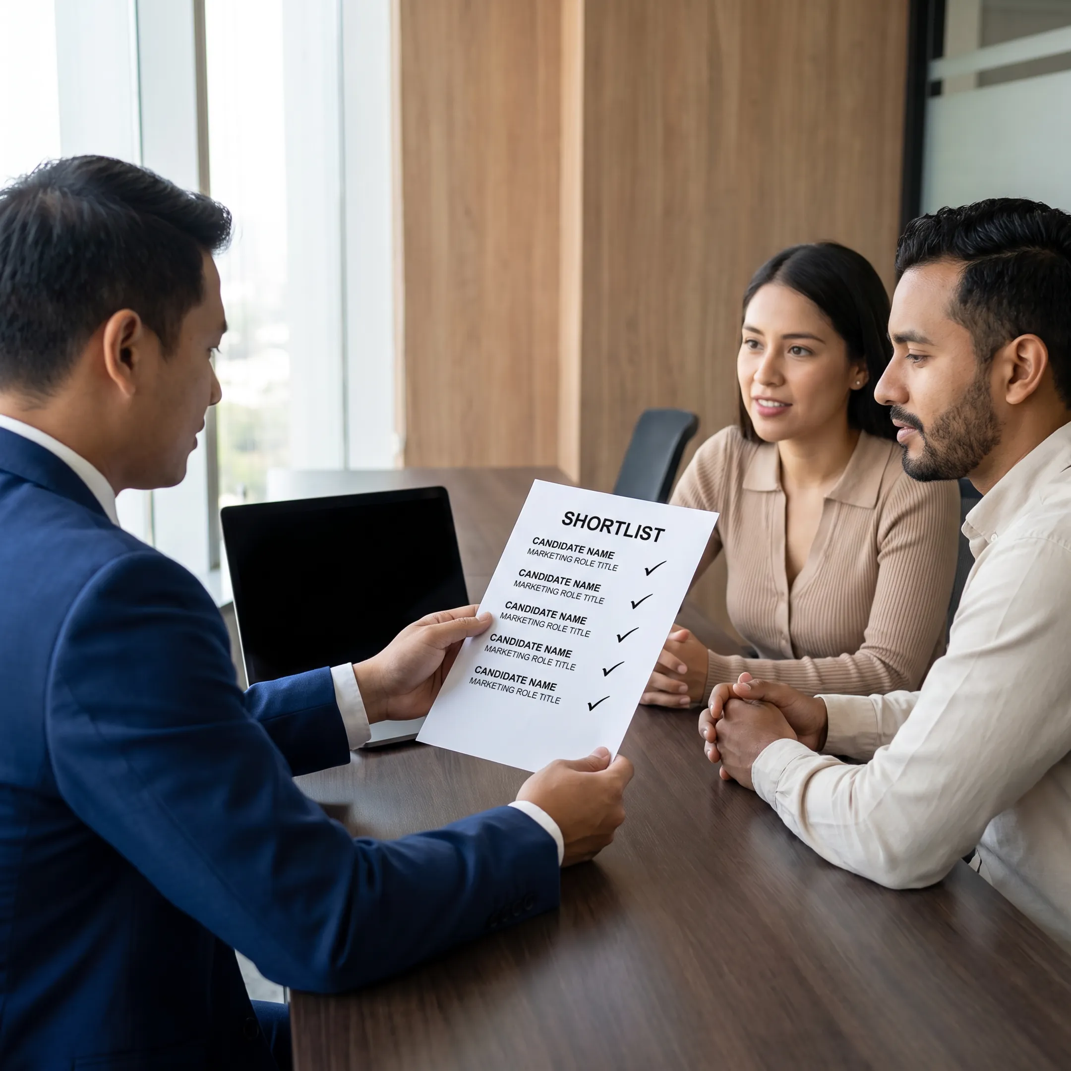 Recruitment consultant presenting qualified marketing candidates to an employer