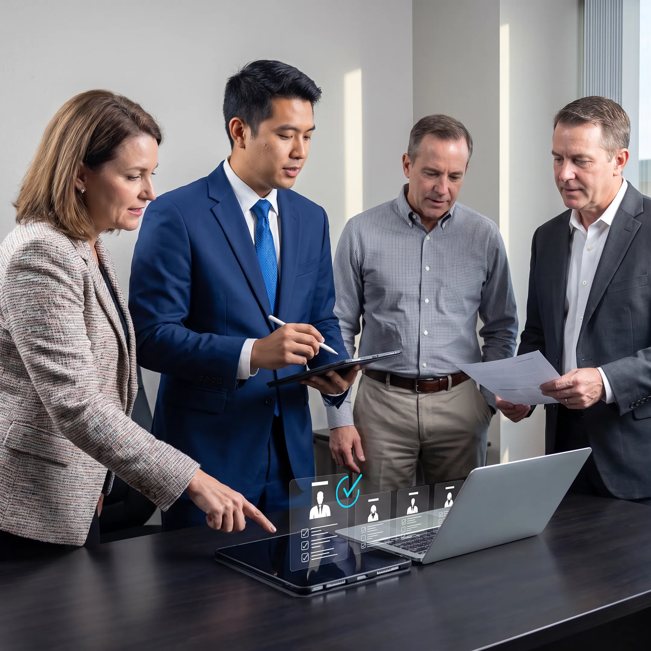 Executive recruitment consultants reviewing leadership candidates with an employer