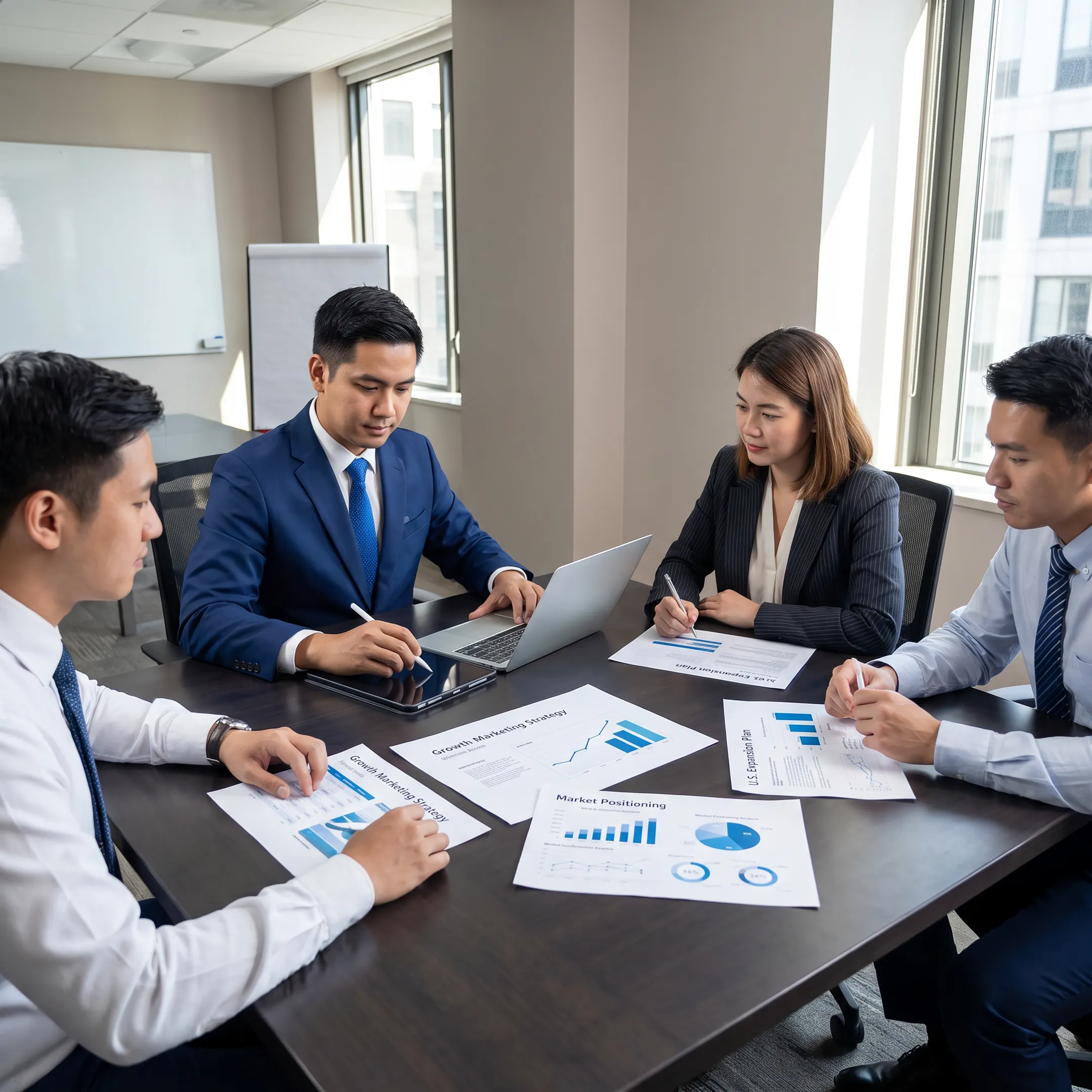 Consultants reviewing a U.S. expansion marketing strategy with startup founders