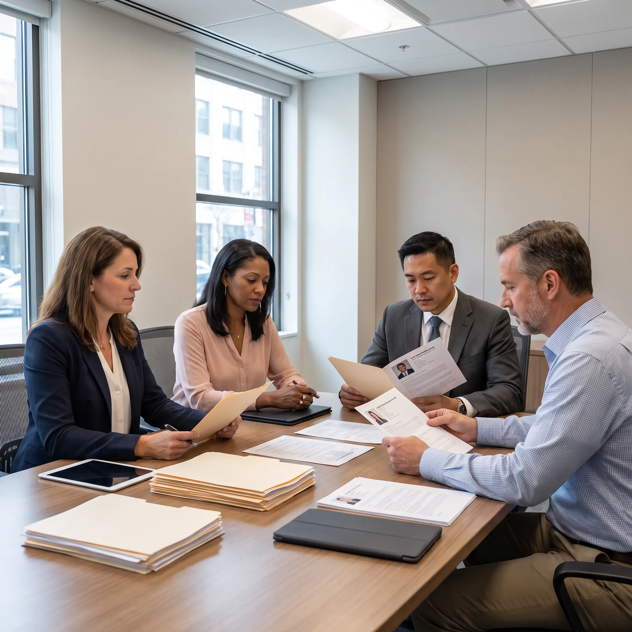 Recruitment consultants reviewing executive candidates with an employer in a modern Pittsburgh office