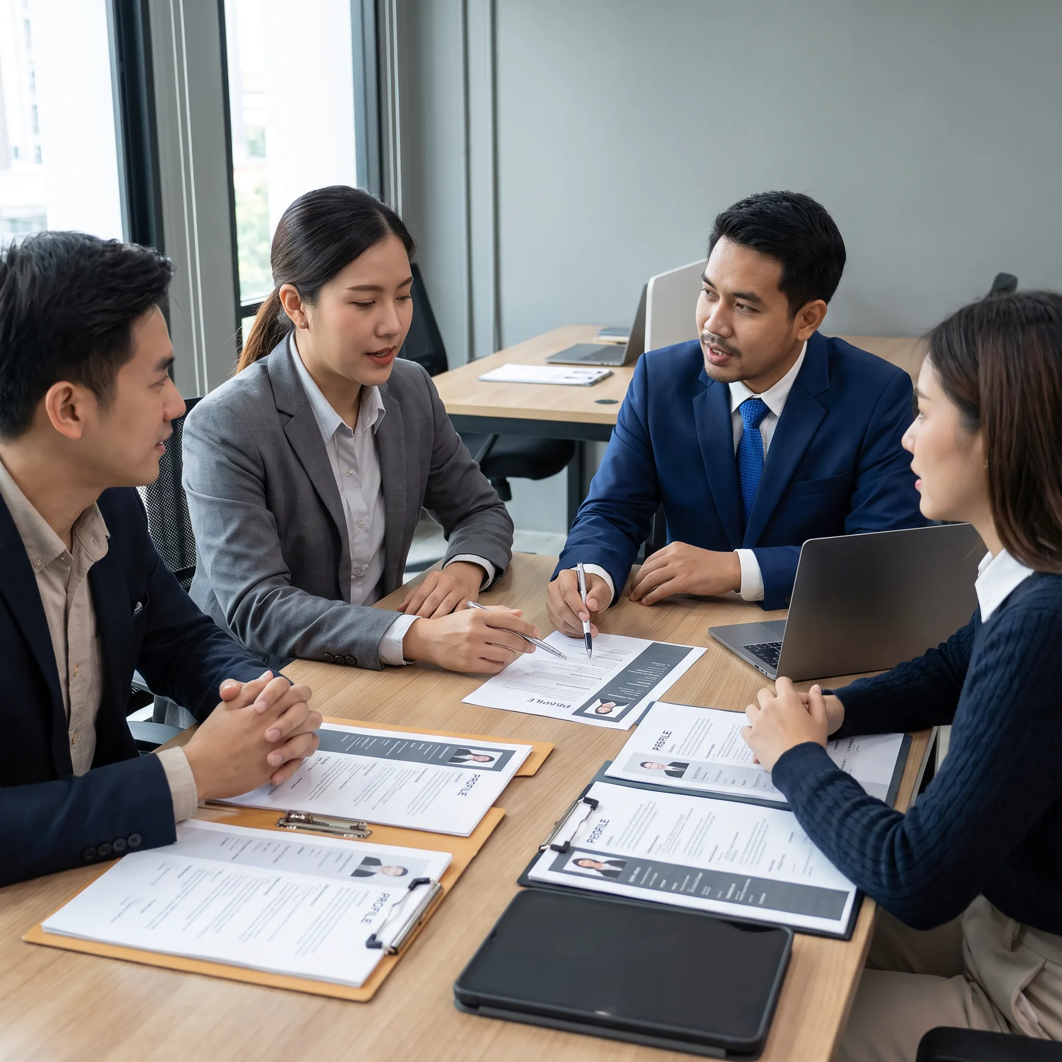 Recruitment consultants reviewing candidate profiles with an employer during a hiring discussion