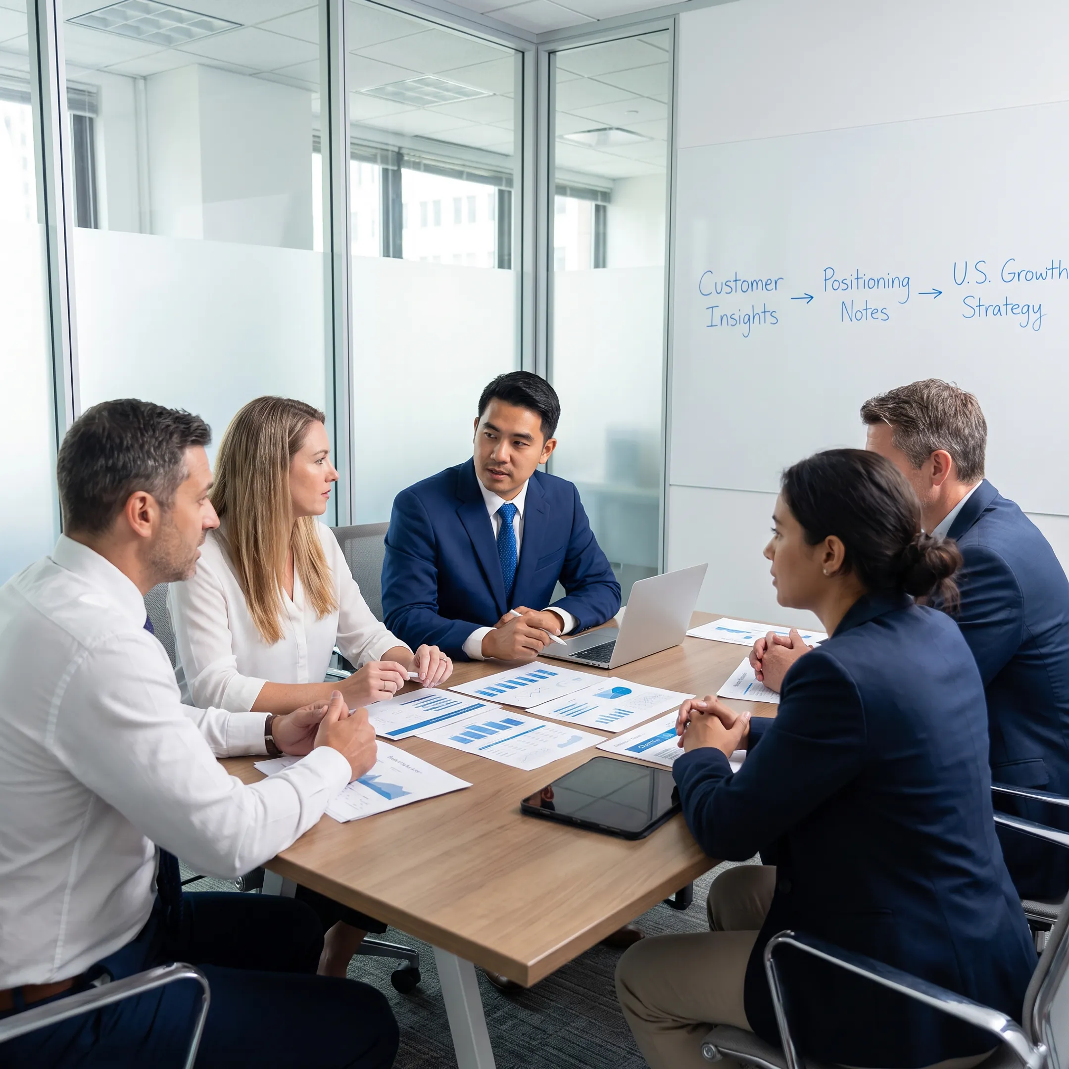 Consultants reviewing U.S. market research and growth strategy with startup leadership