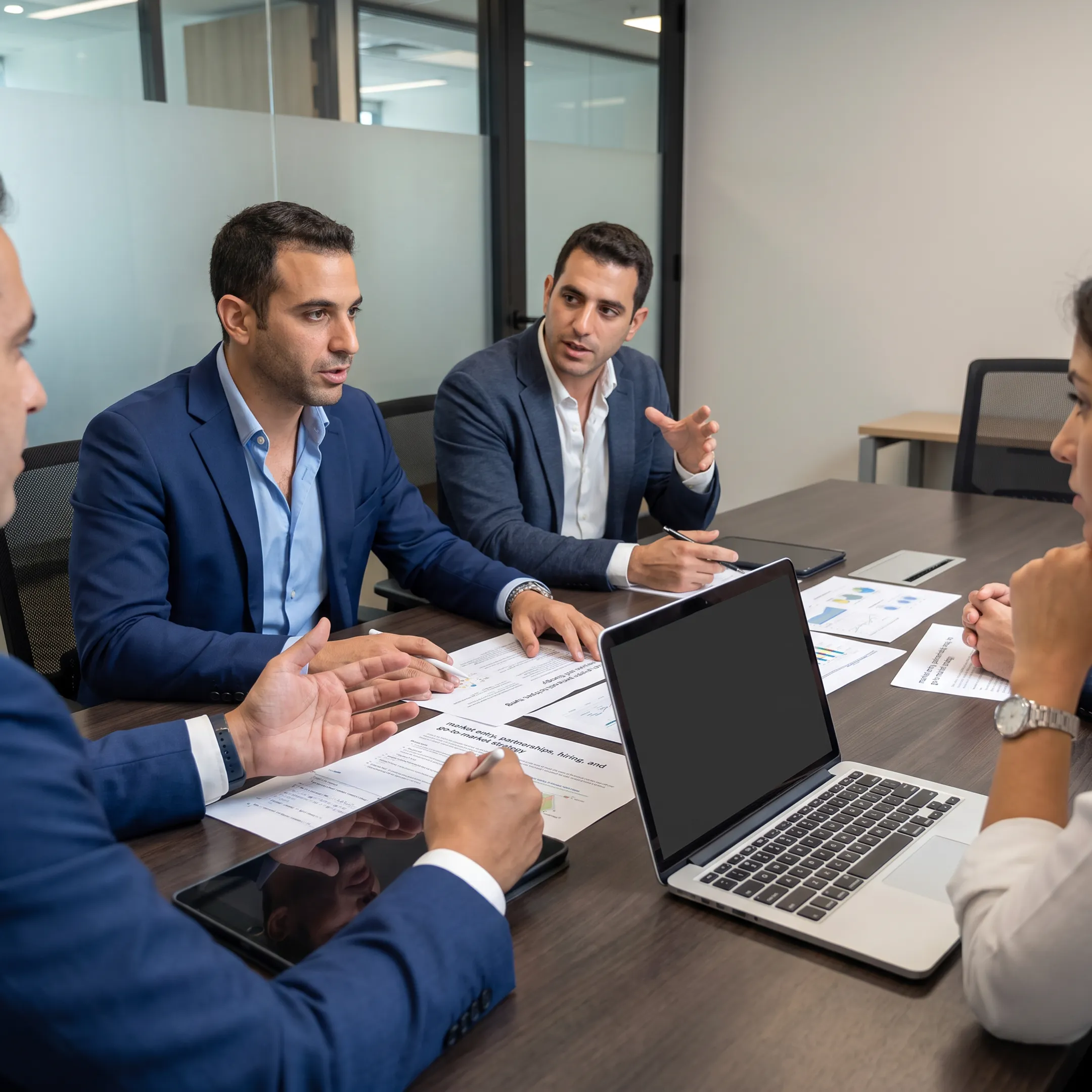 Consultants discussing a U.S. market entry strategy with startup founders