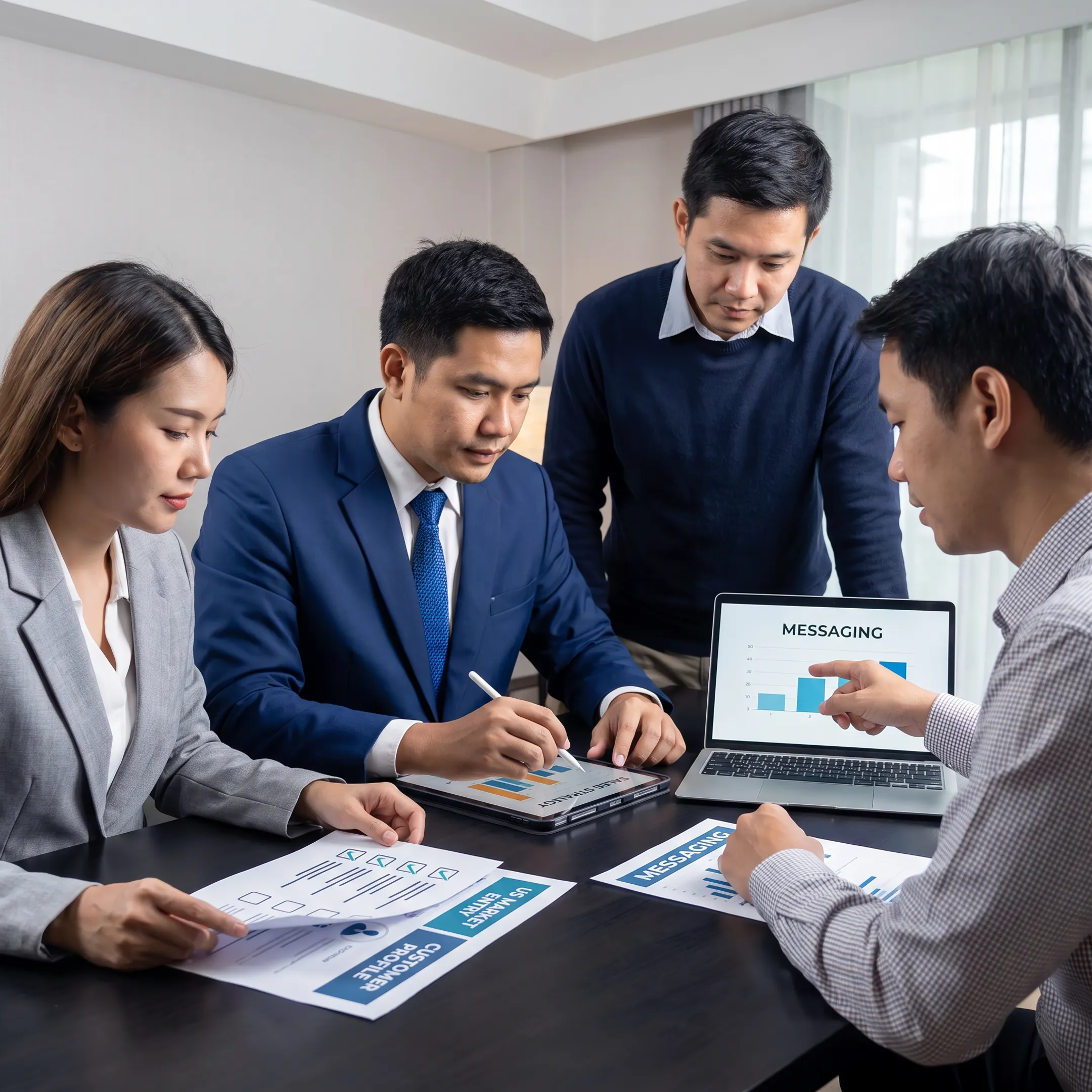 Consultants planning a U.S. market entry strategy with startup leadership around a conference table