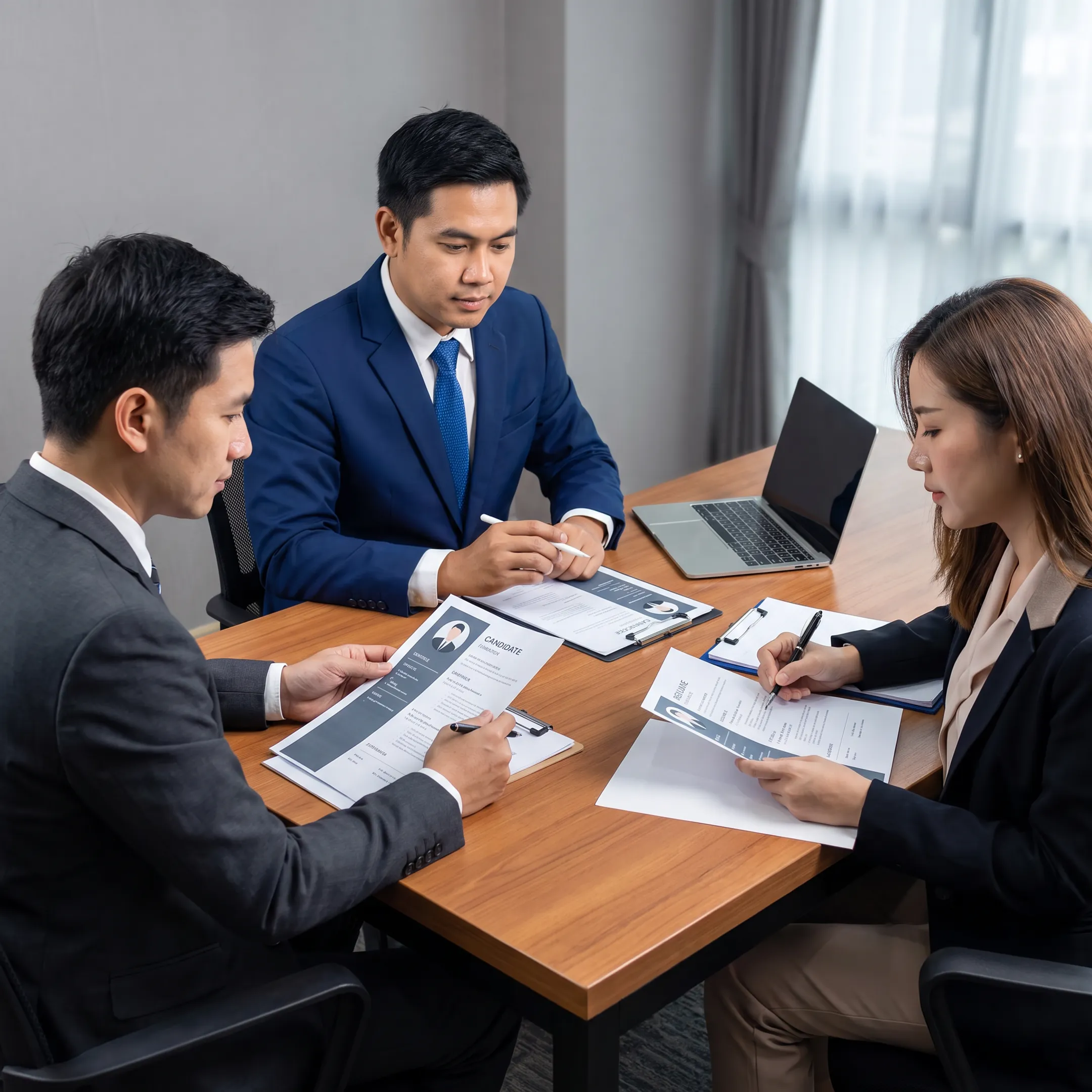 Recruitment consultant reviewing manufacturing executive candidates with employer