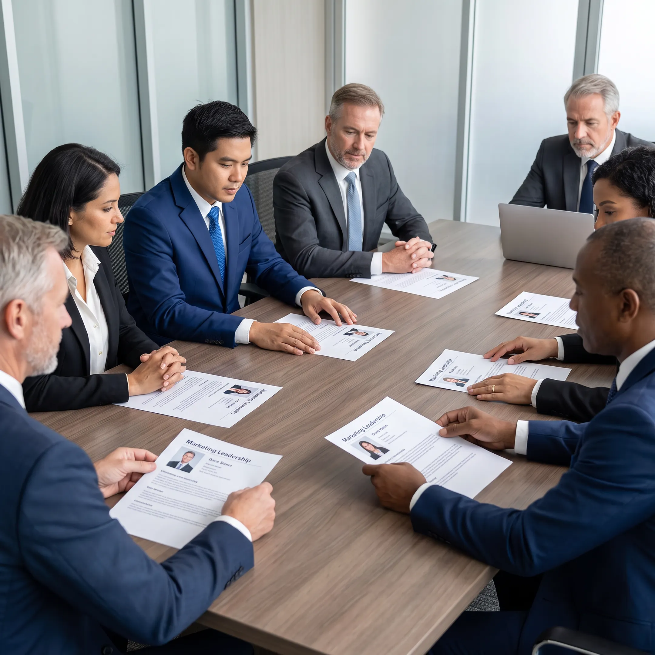 Recruitment consultants reviewing marketing leadership candidates with growth company executives