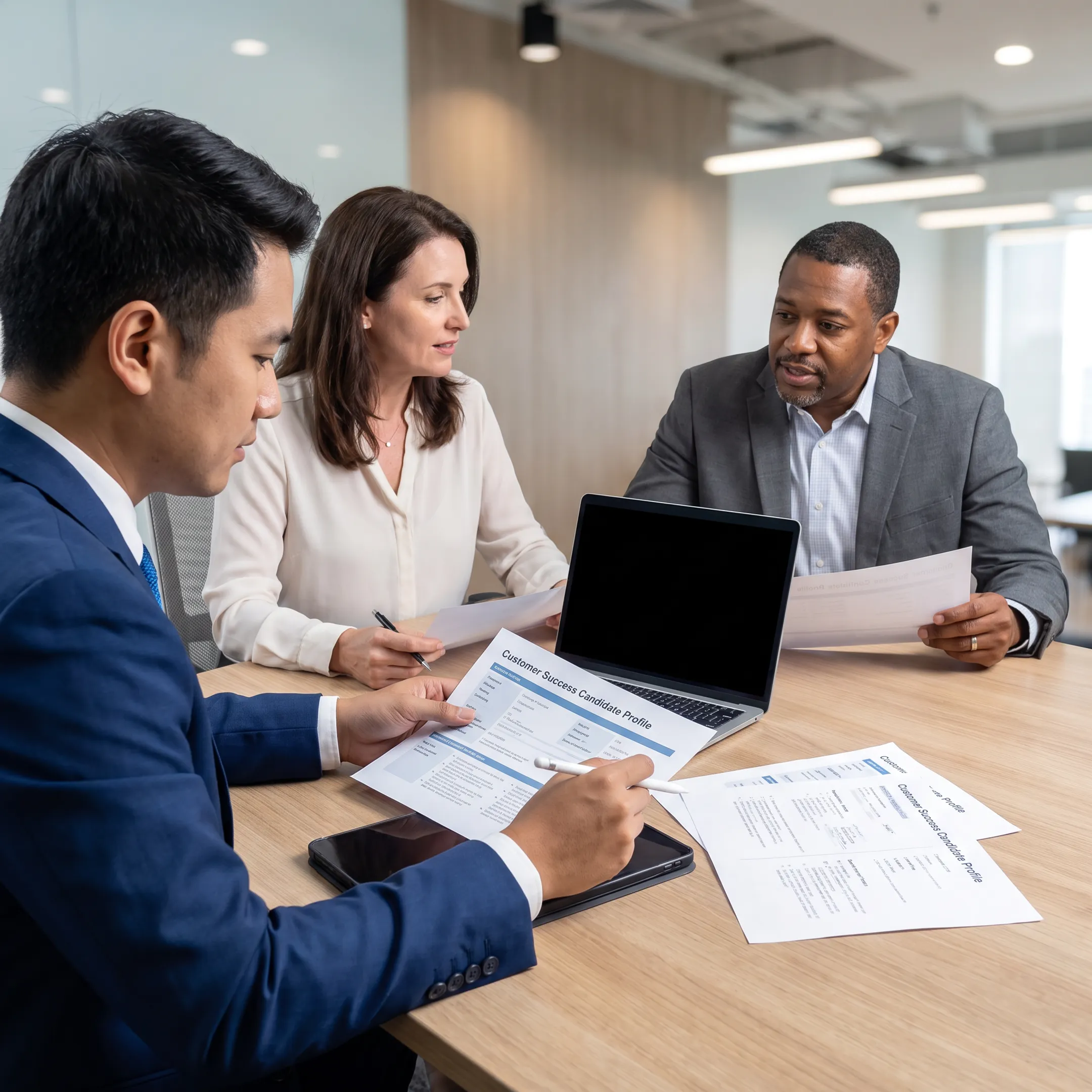 Recruitment team discussing customer success candidates for a SaaS company