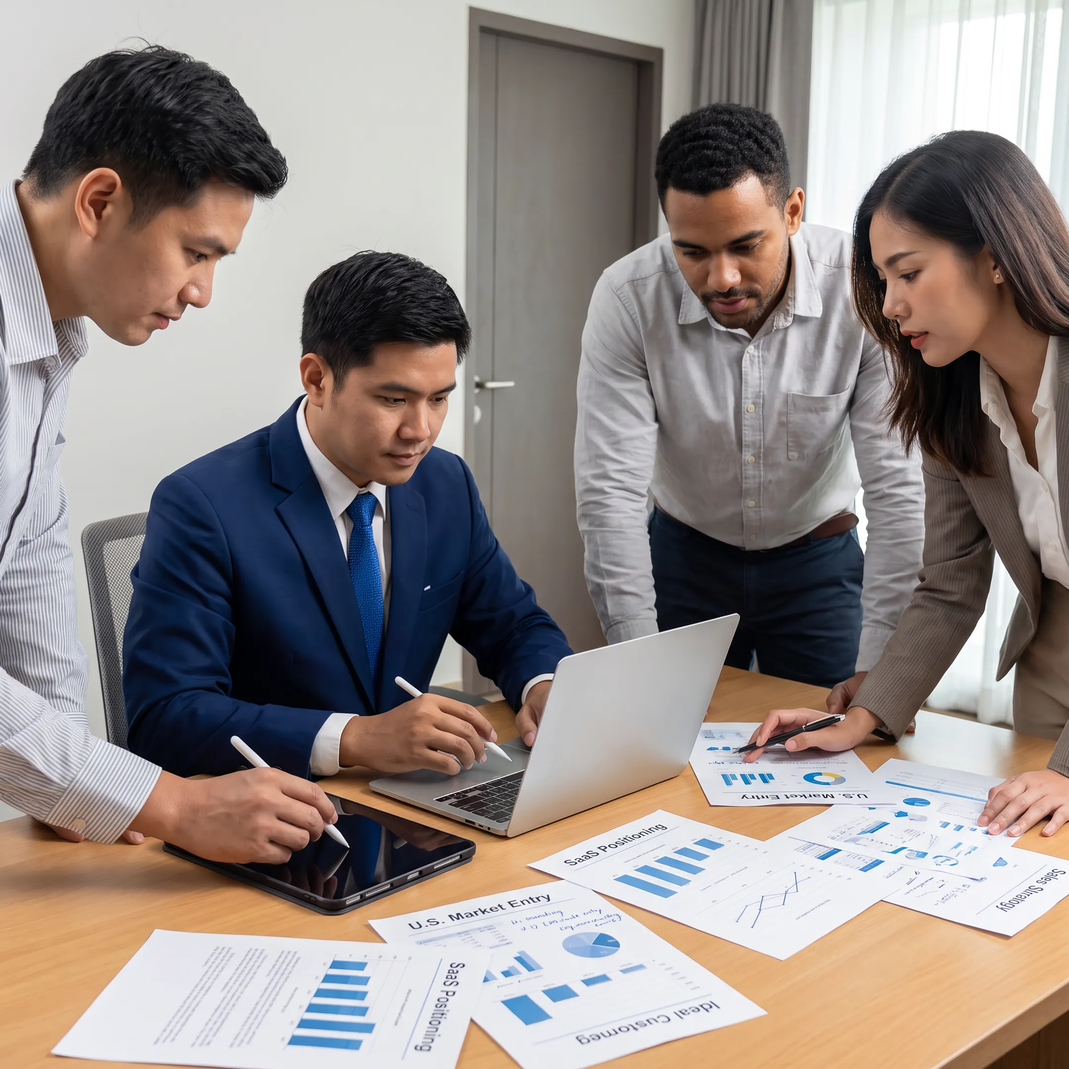 Strategy consultants presenting a U.S. SaaS market entry plan to company founders