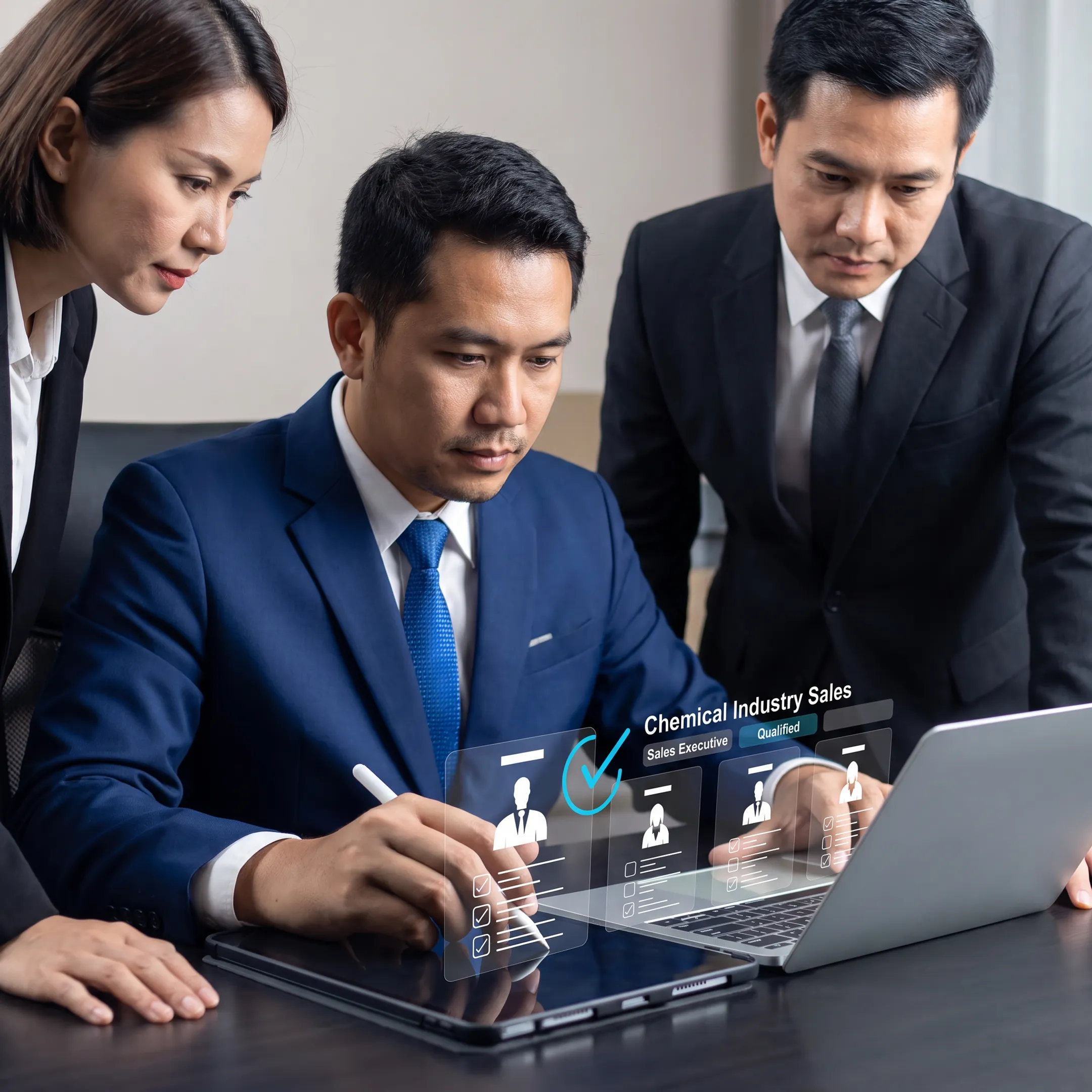 Recruitment consultants reviewing chemical industry sales candidates with a US employer