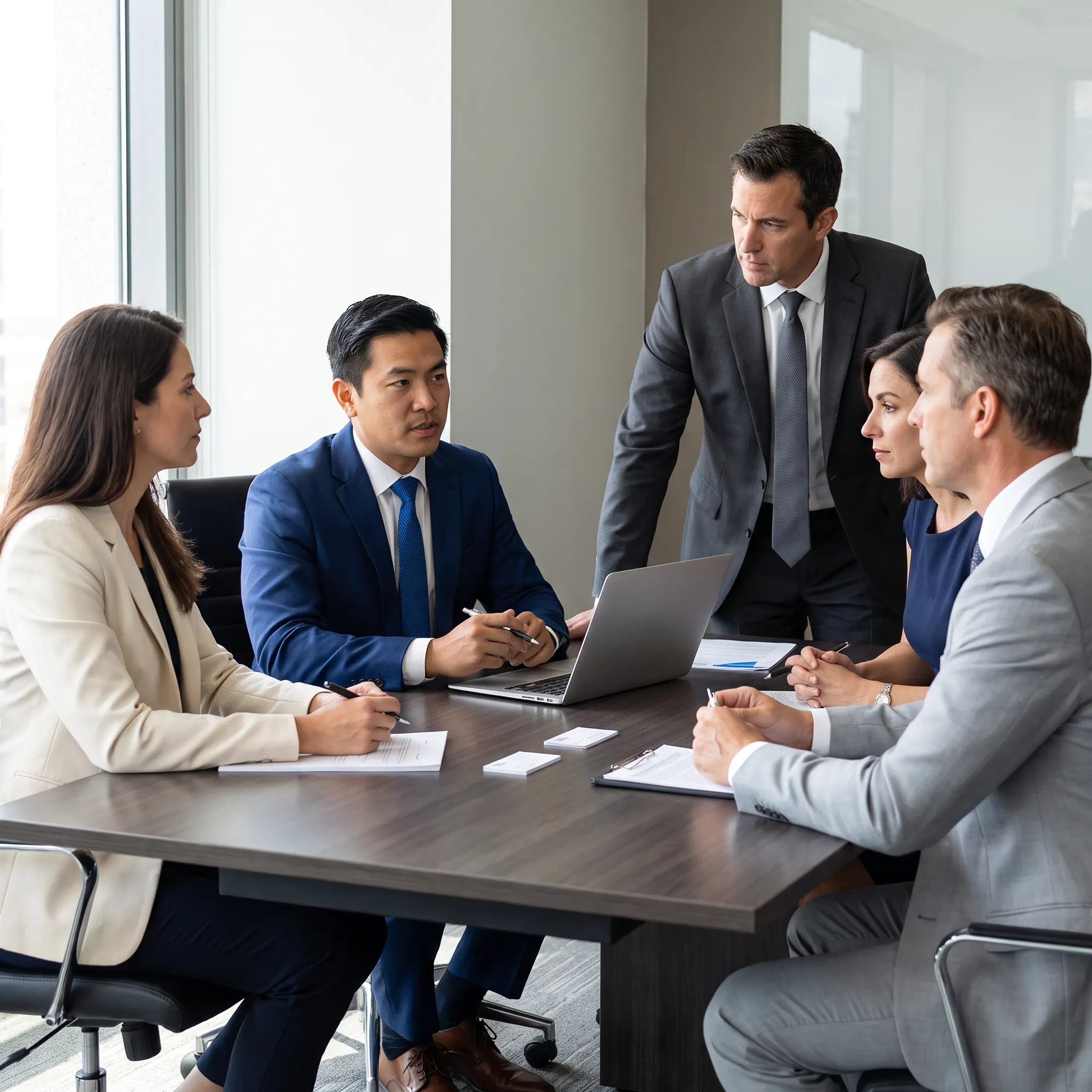 Executive recruiter meeting with business leaders to discuss leadership hiring