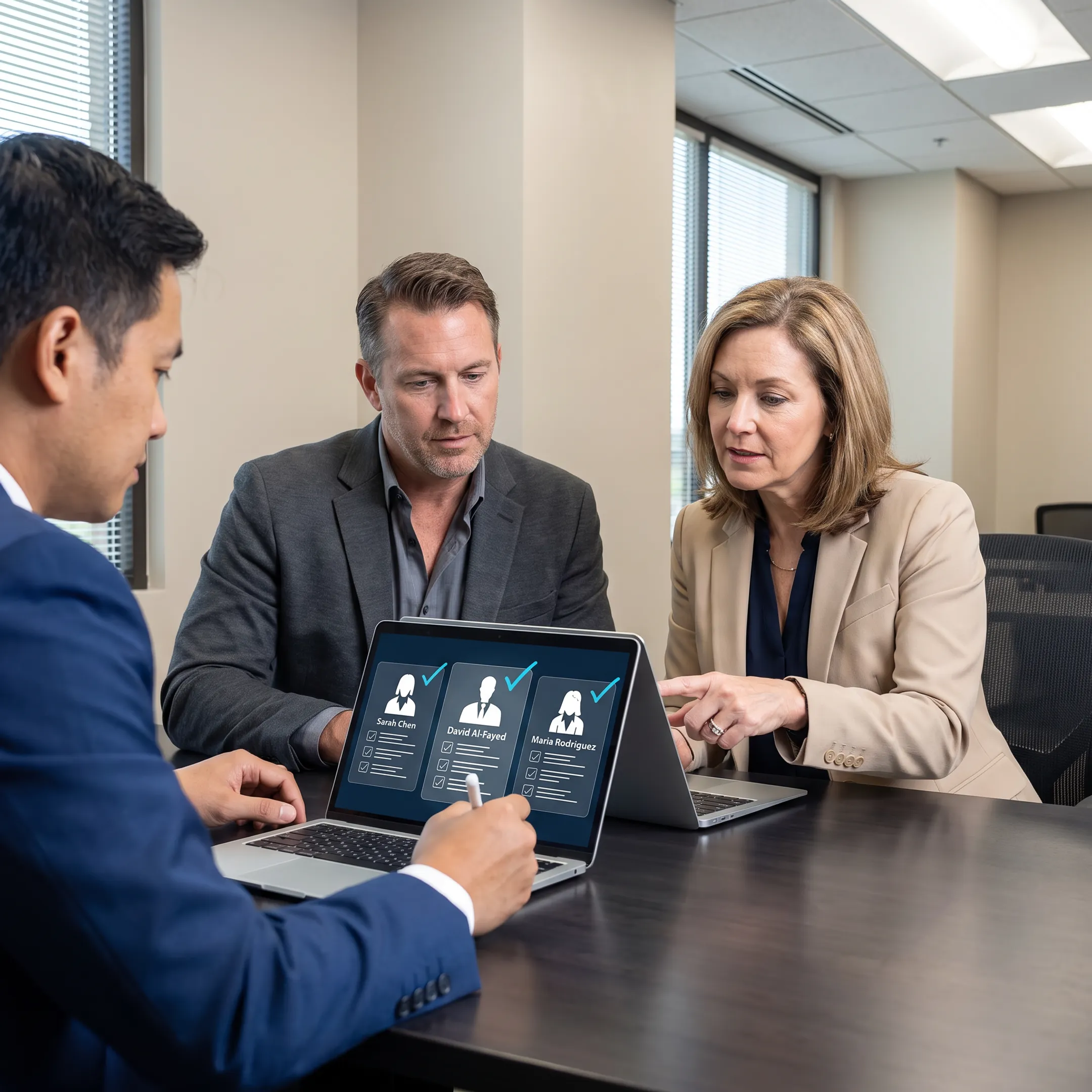 Executive recruiter discussing leadership candidates with an employer in a Dallas office