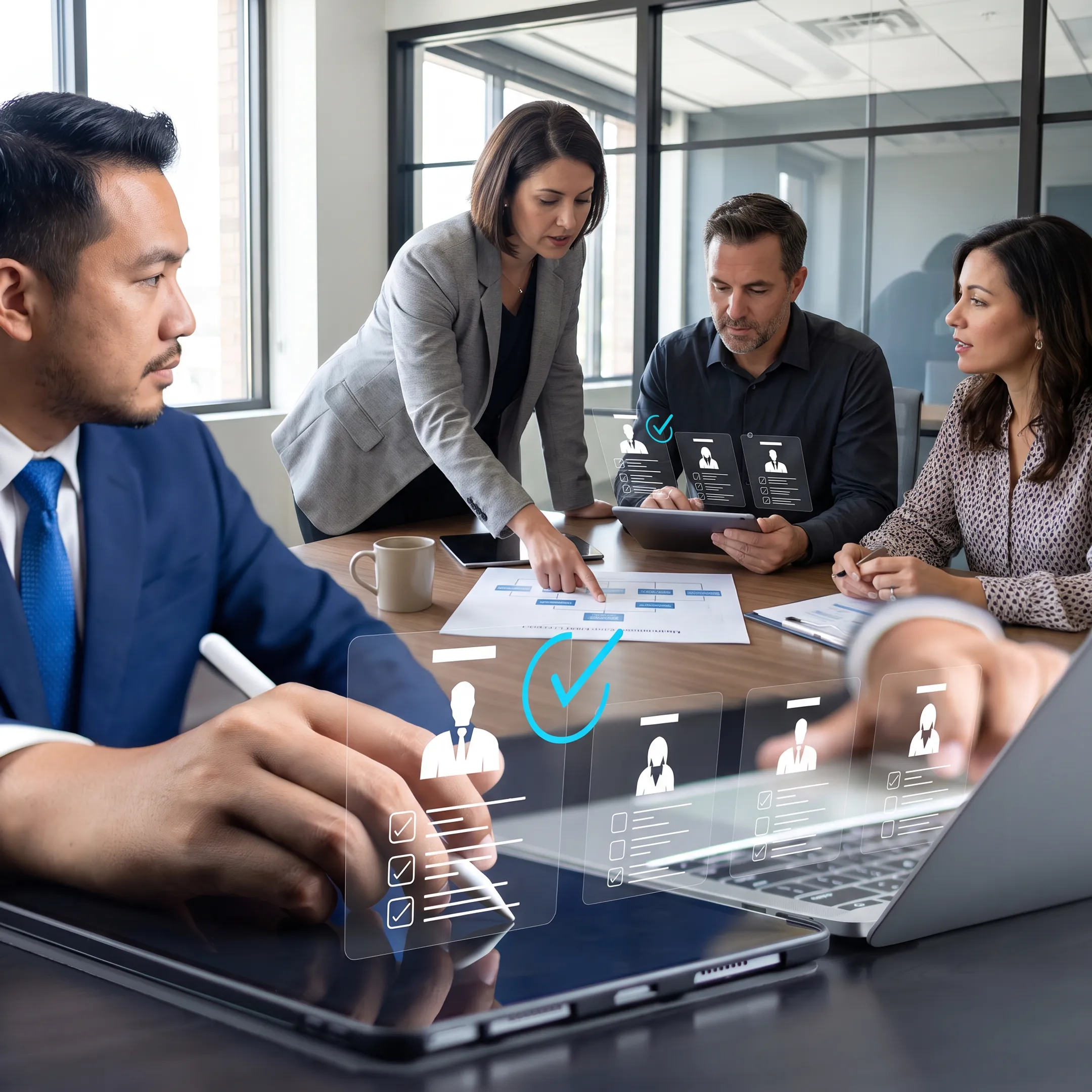 Recruitment consultants reviewing executive candidate profiles with an employer