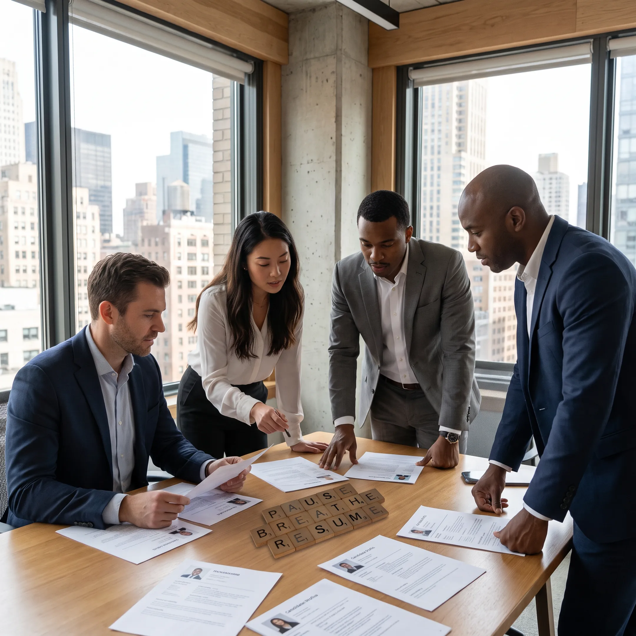 Recruitment professionals reviewing technology candidates with an employer in a modern NYC office