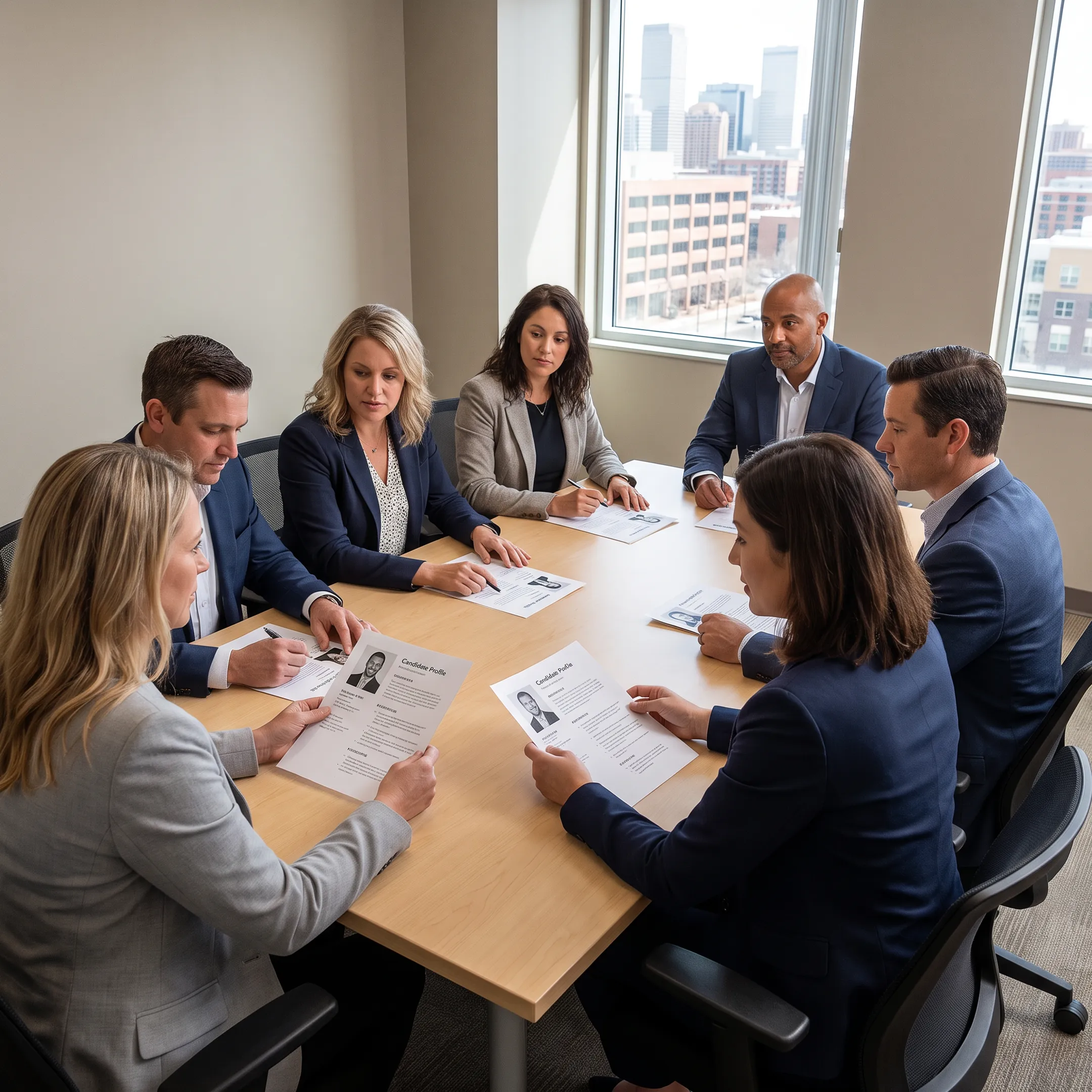 Recruitment consultant discussing sales hiring strategy with business leaders