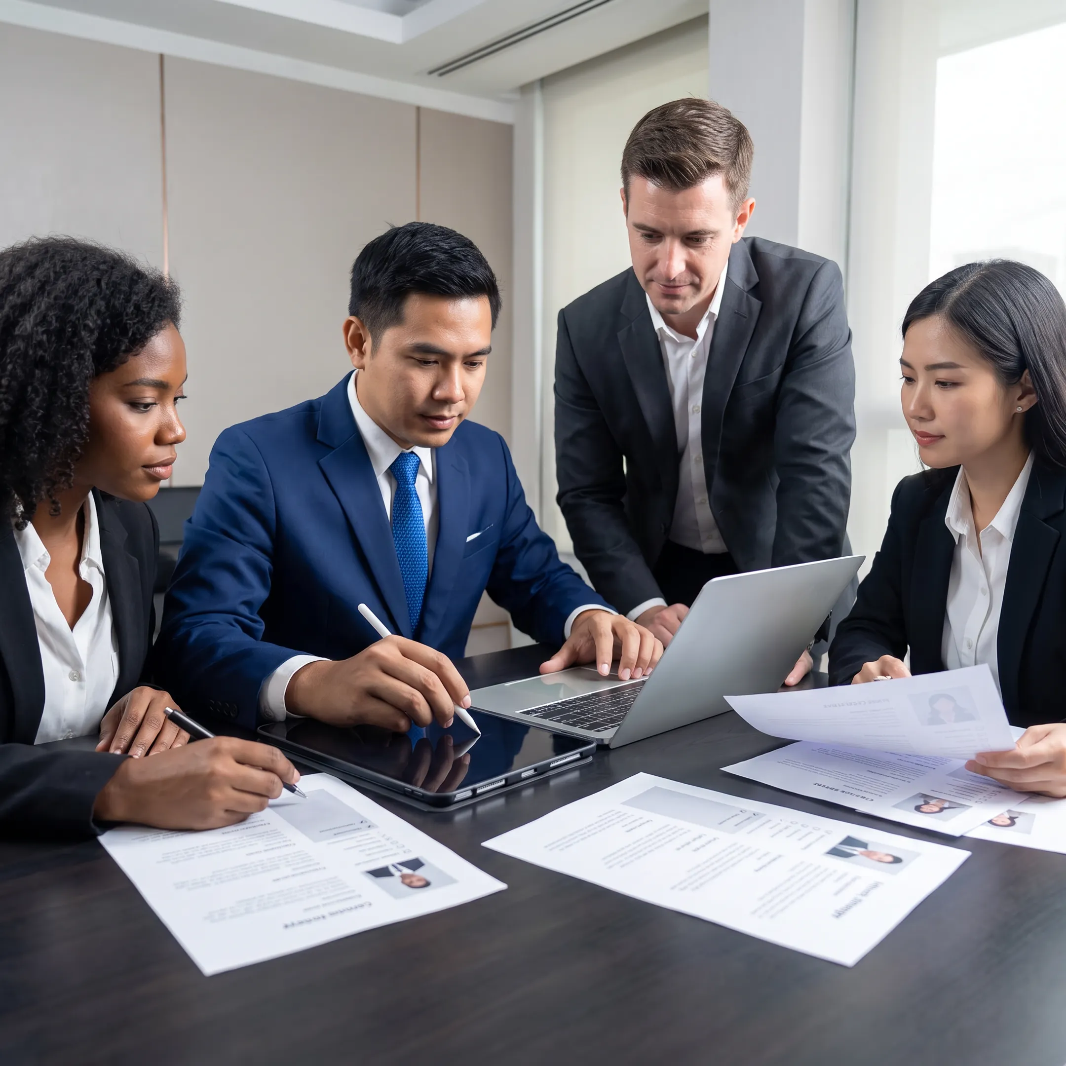 Recruitment consultants reviewing sales candidate profiles with an employer in a modern Atlanta office
