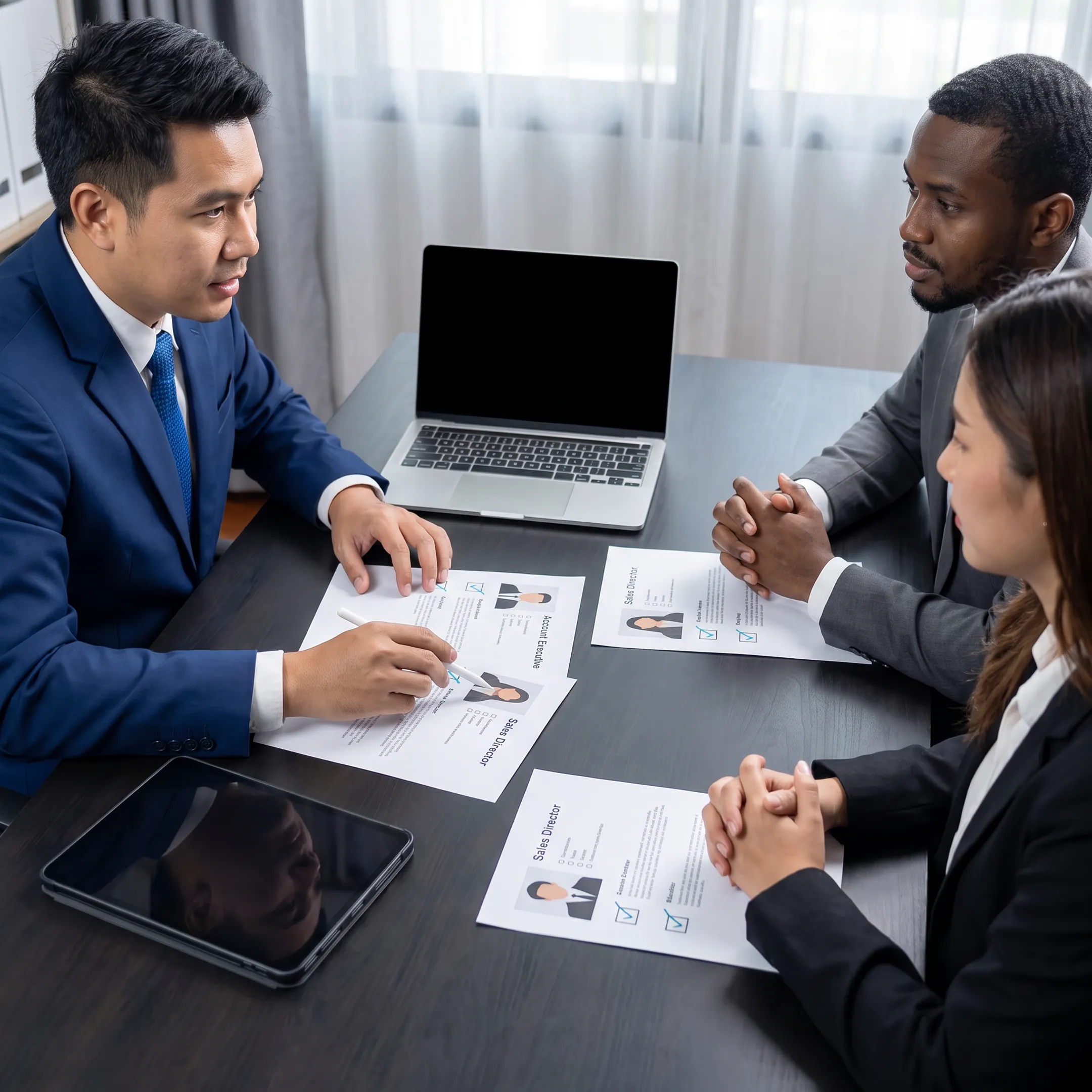 Recruitment advisor presenting a shortlist of sales candidates to business leaders