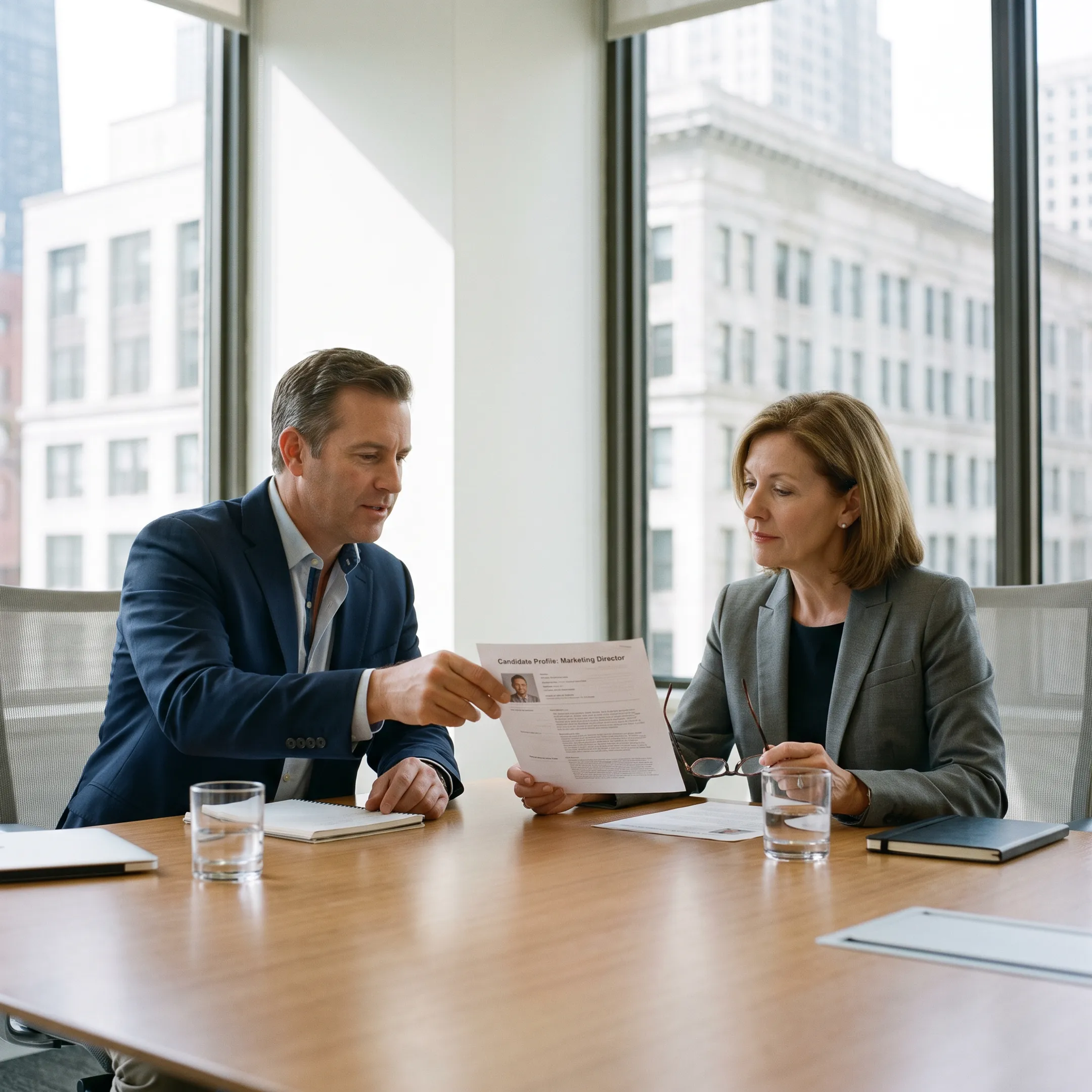 Employer and recruiter discussing a marketing candidate