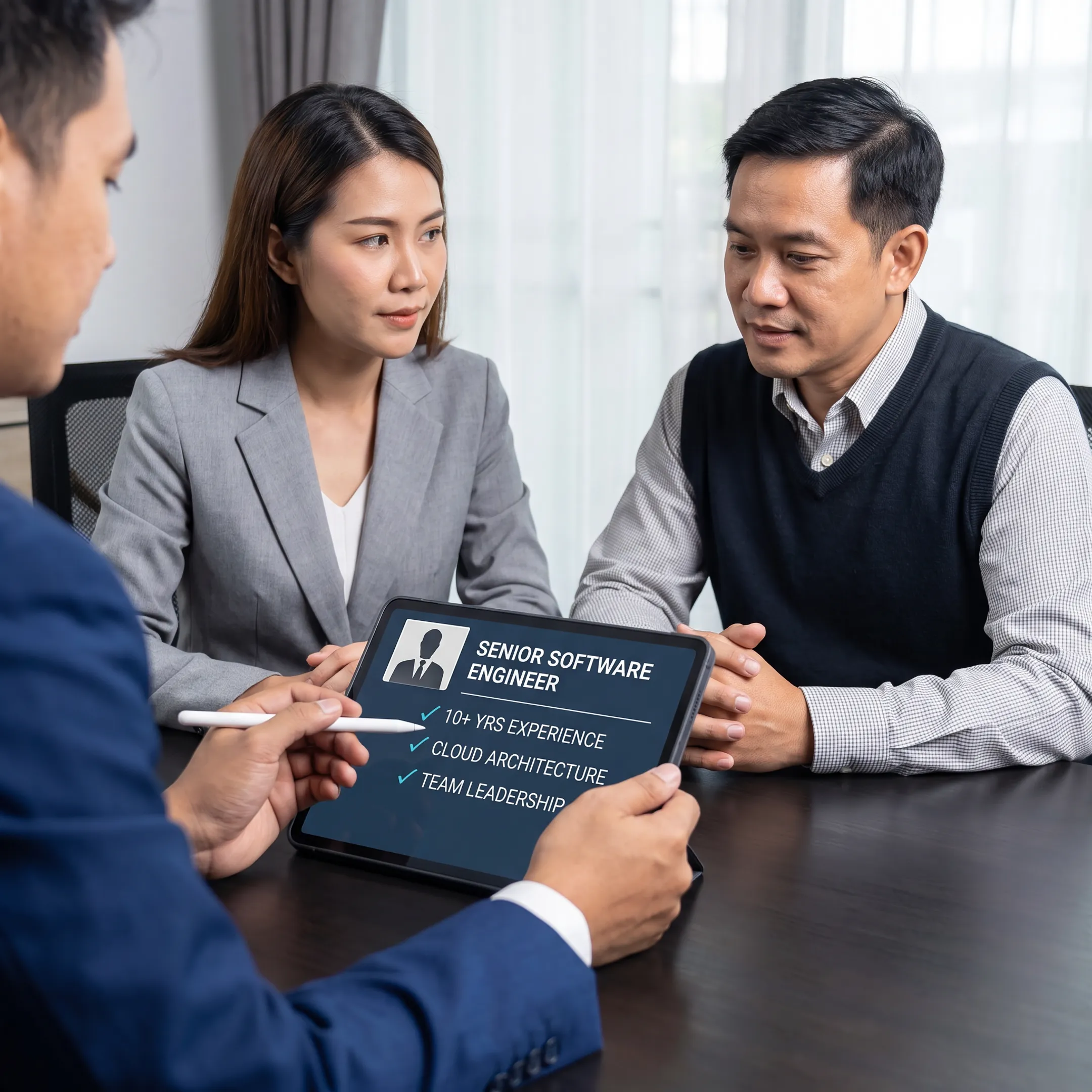 Recruitment consultant discussing a qualified technology candidate with an employer