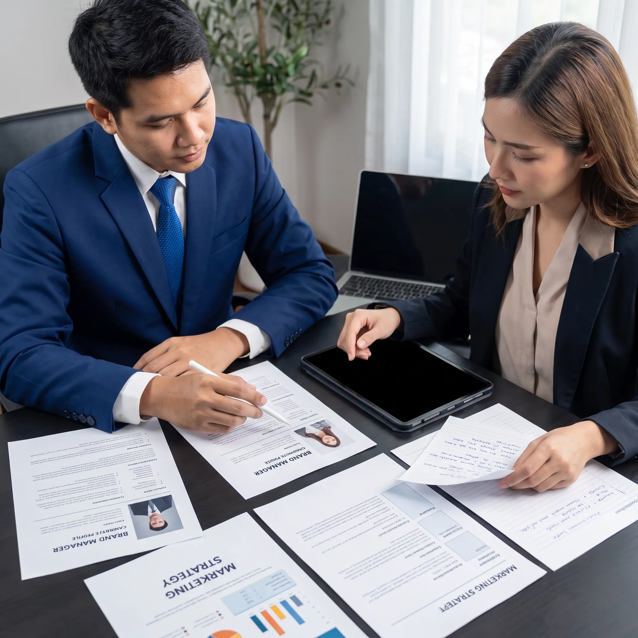 Recruitment consultant discussing a brand manager candidate profile with a US employer