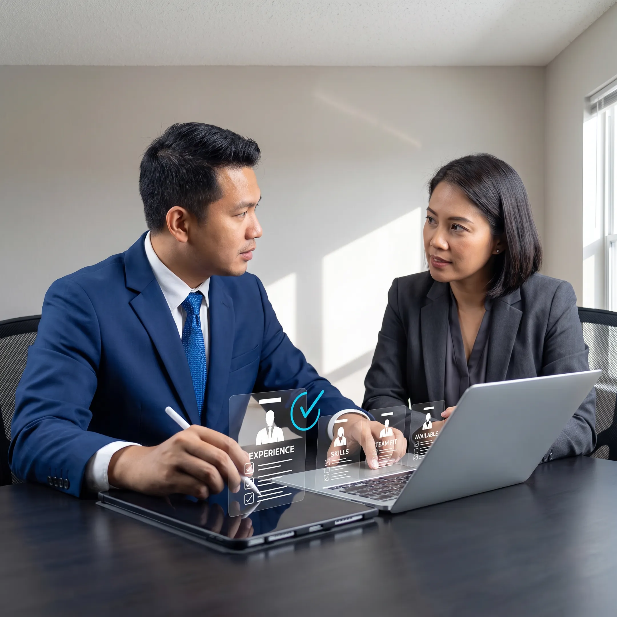 Employer discussing a marketing recruitment shortlist with a consultant