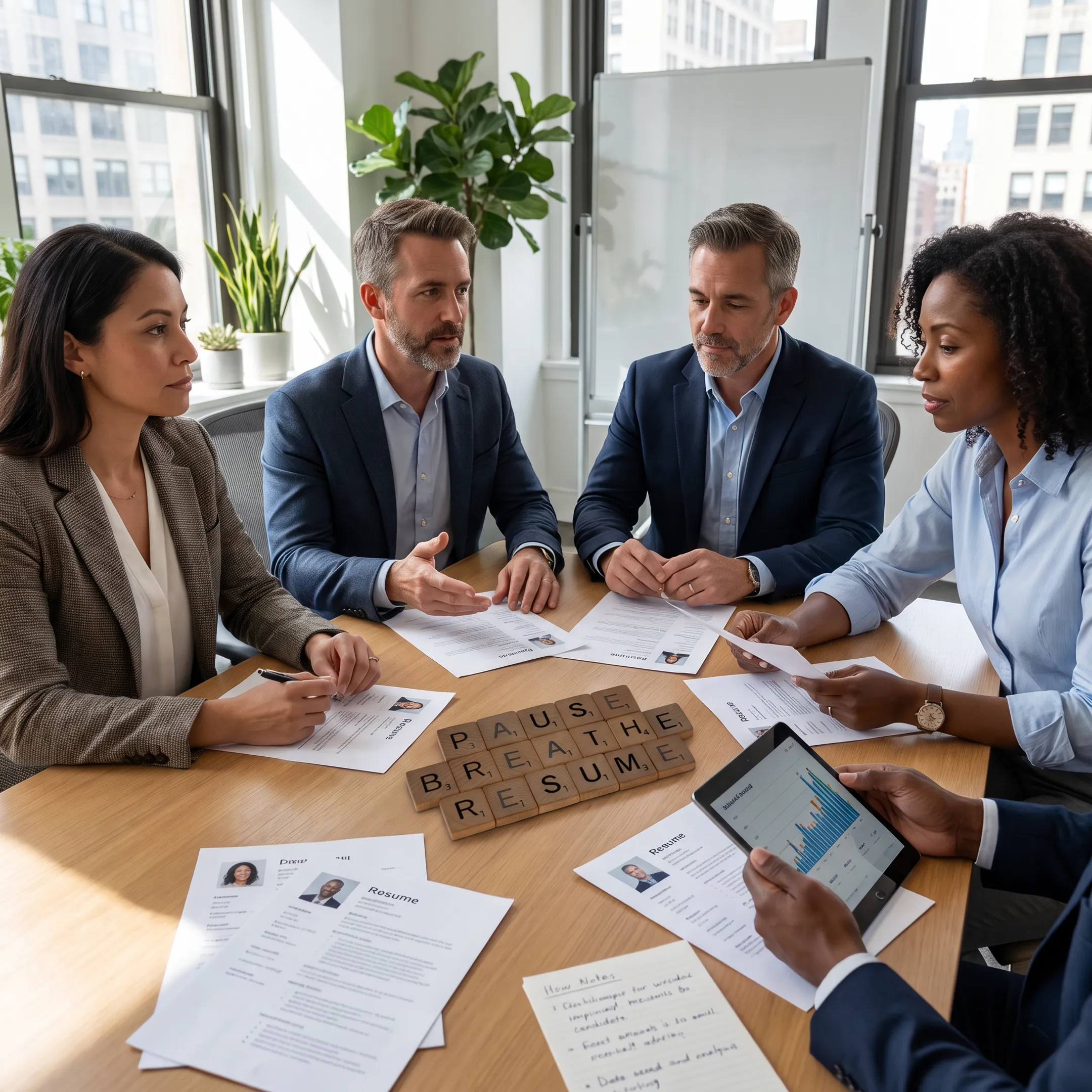 Hiring leaders discussing a marketing recruitment strategy