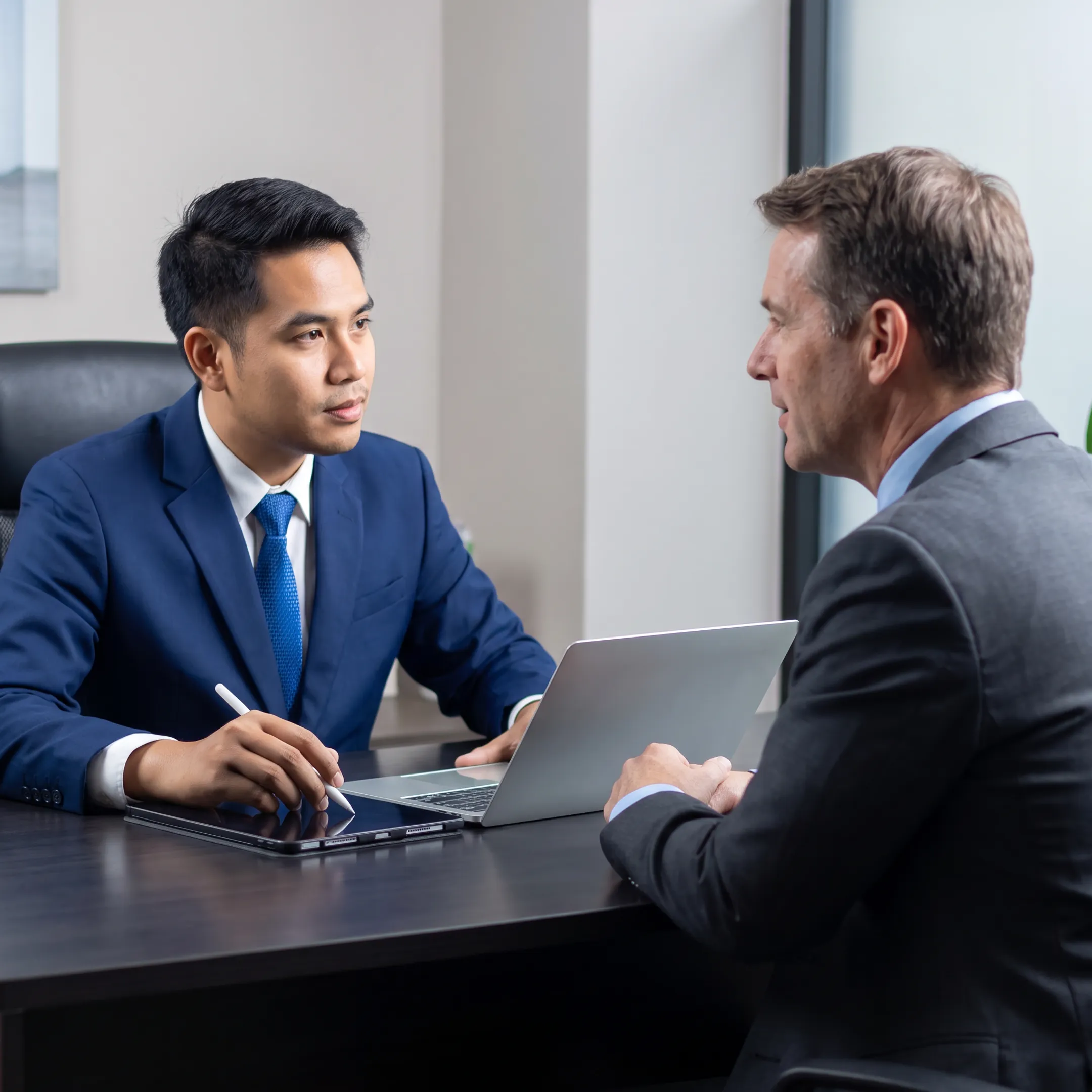 Employer and recruiter discussing a marketing hire