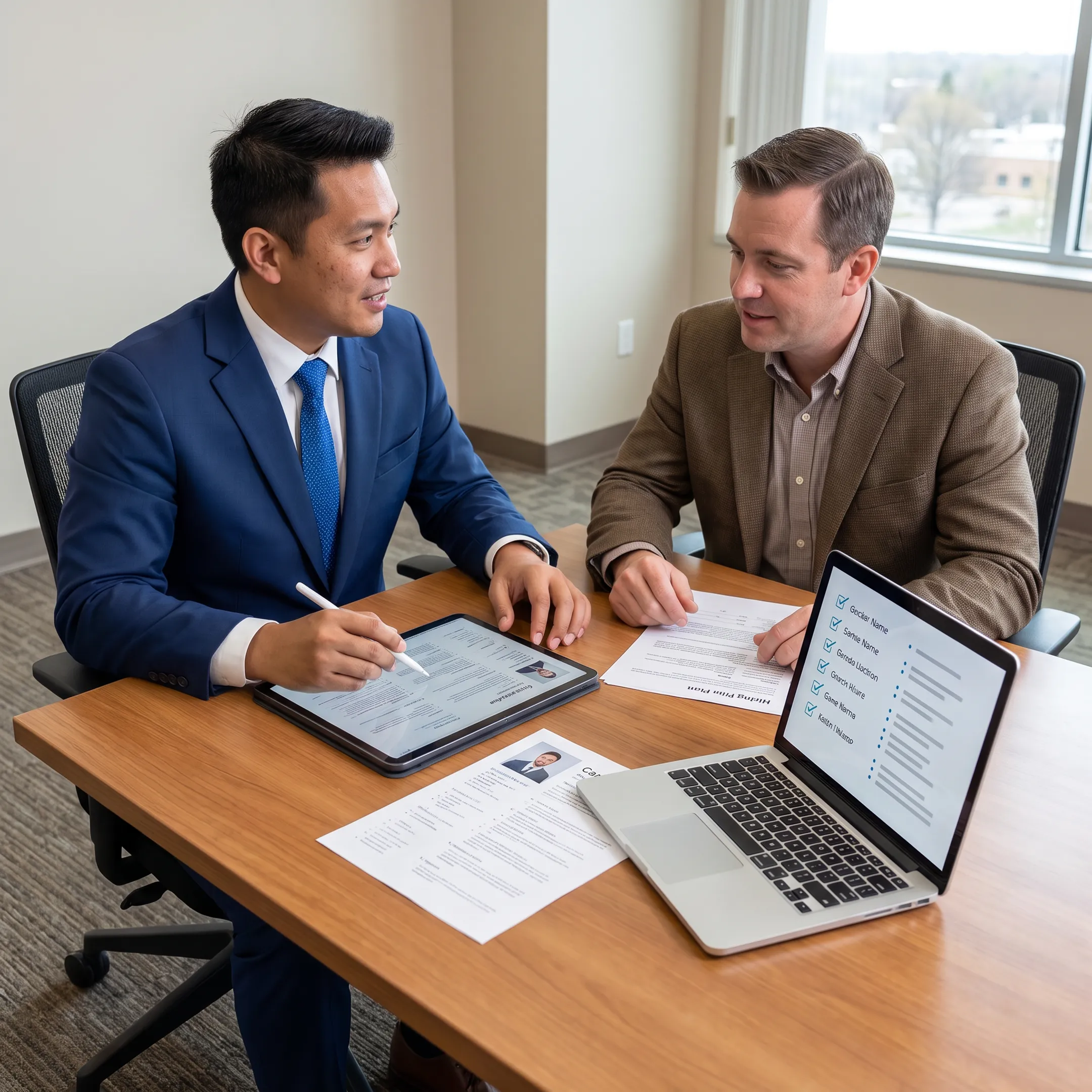 Recruiter meeting with manufacturing employer and reviewing candidate profiles