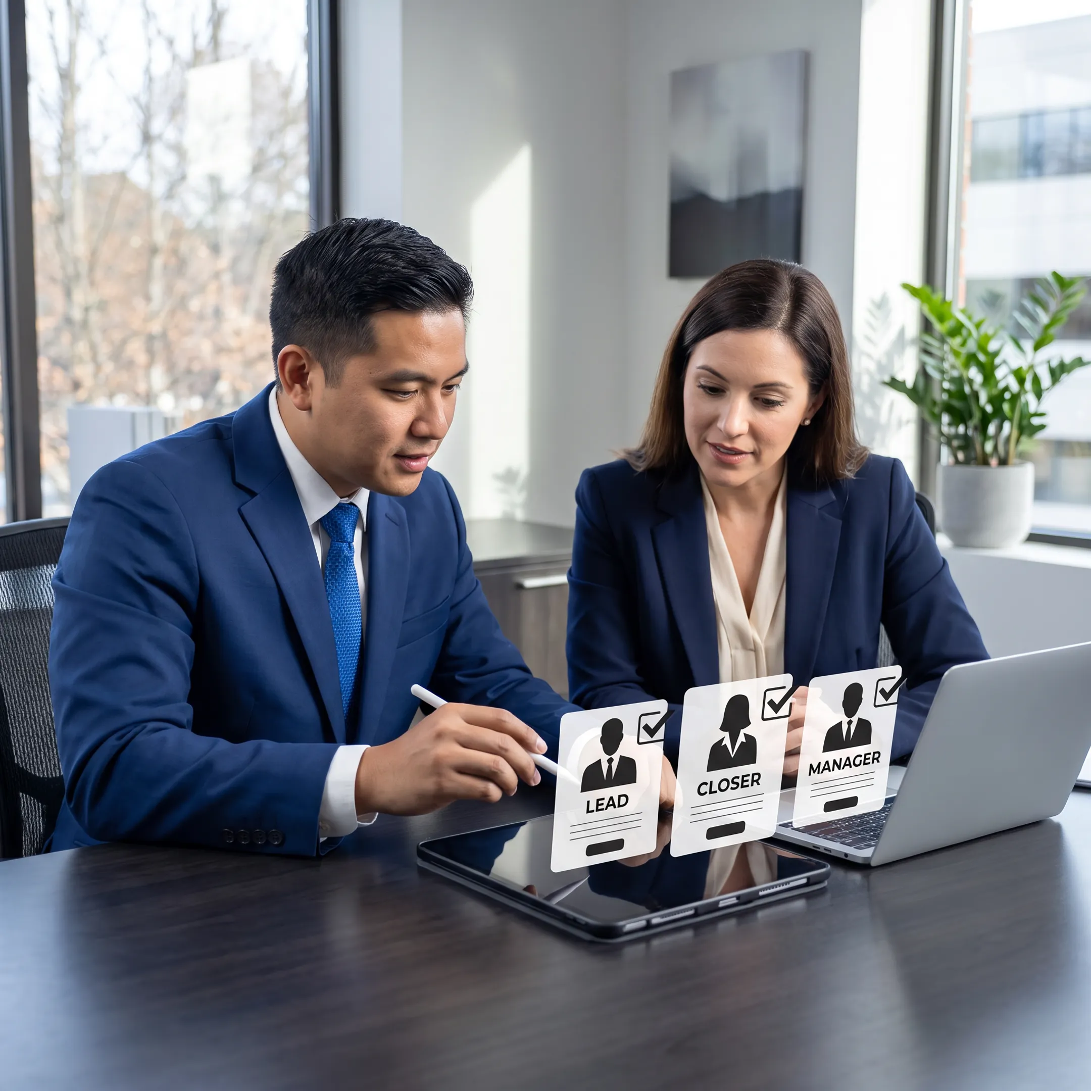 Recruitment consultants discussing sales candidates with an employer
