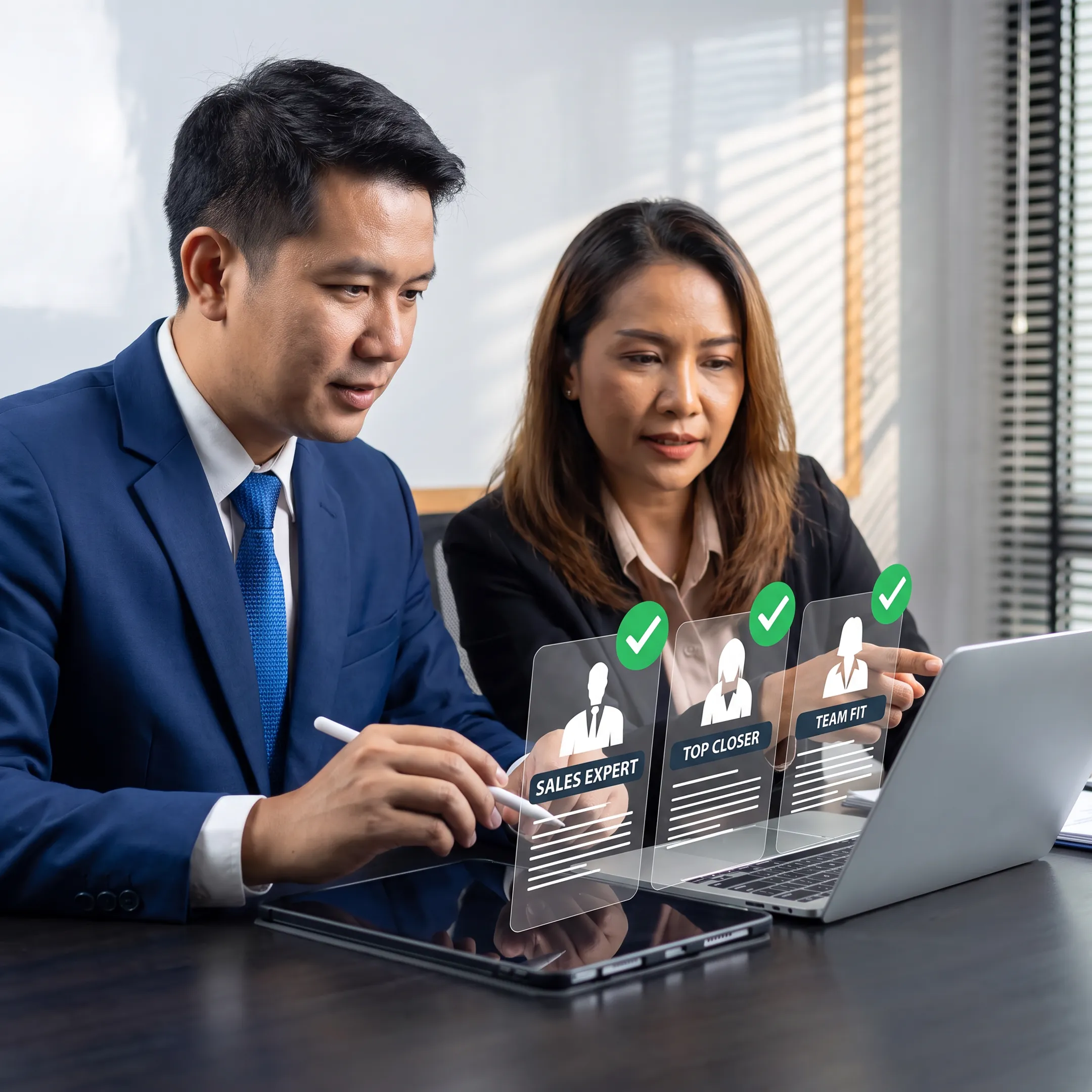 Employer reviewing qualified sales candidates with recruitment advisor