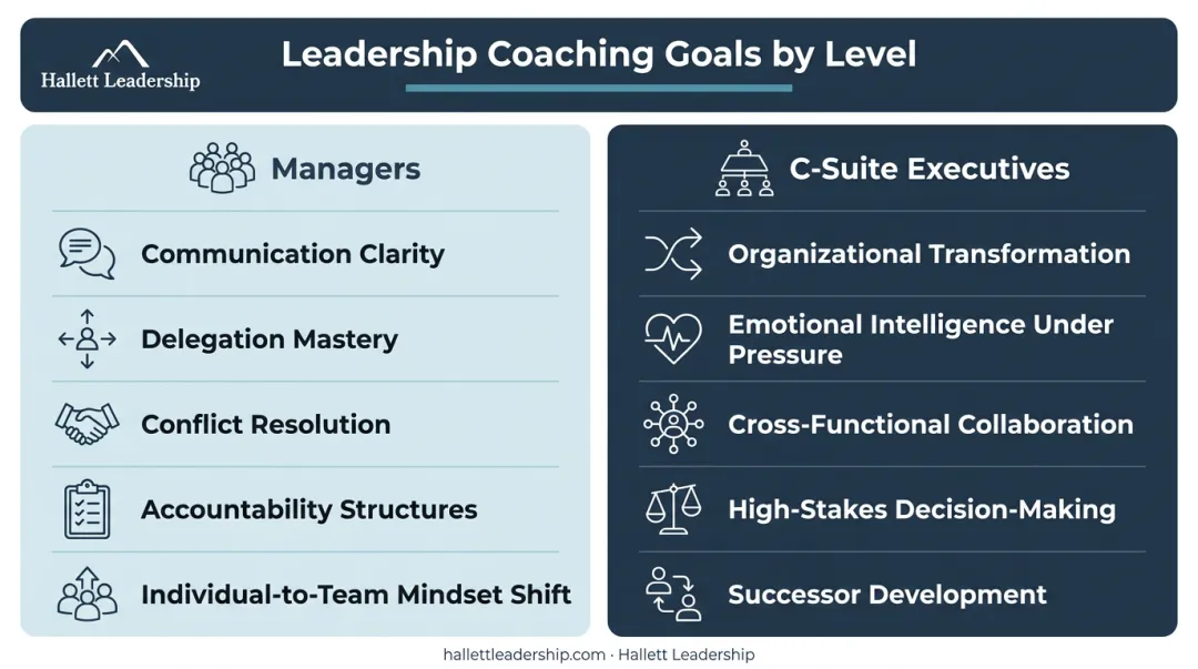 Manager versus C-suite executive leadership coaching goals side-by-side comparison chart
