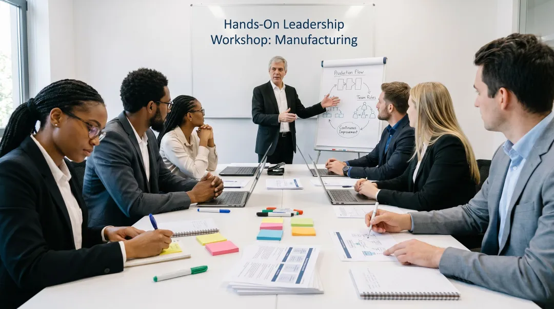 Group of industrial managers participating in experiential safety leadership training workshop