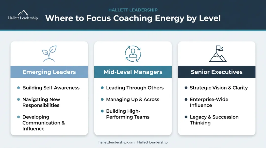 Leadership coaching focus areas comparison across emerging mid-level and senior levels
