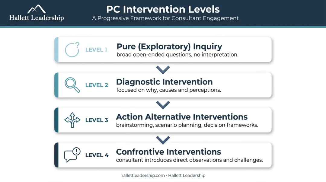 Four levels of process consultation intervention framework from inquiry to confrontation