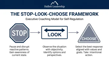 Hallett Leadership STOP-LOOK-CHOOSE framework diagram for emotional self-regulation
