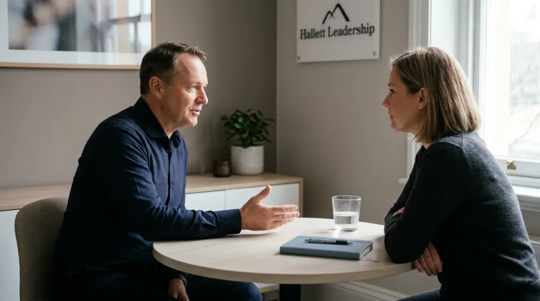 Leader facilitating calm one-on-one conflict resolution conversation in private office setting