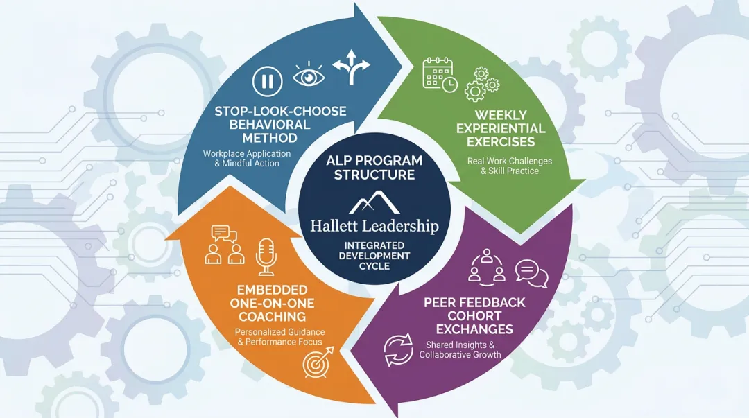 Hallett Leadership BE-DO-HAVE framework showing four weekly development program components