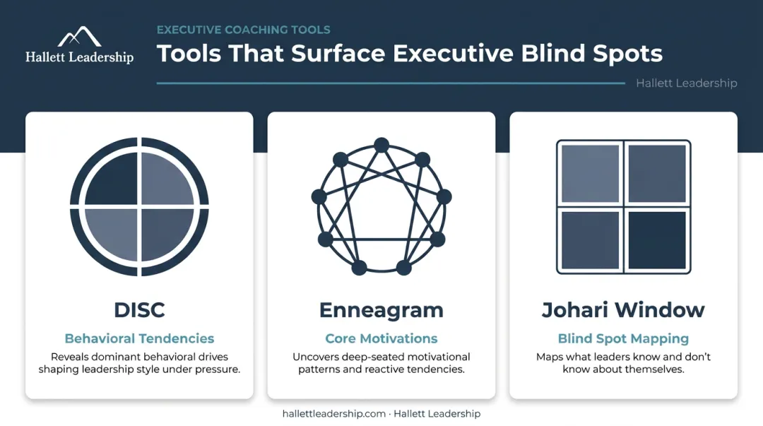 Three executive coaching assessment tools DISC Enneagram and Johari Window frameworks explained
