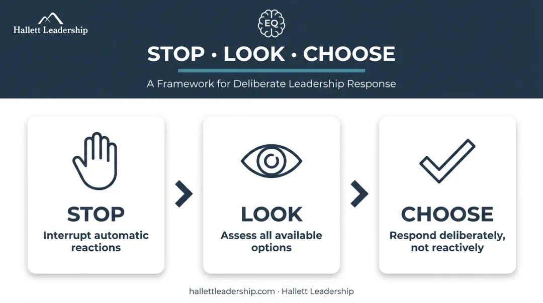 STOP-LOOK-CHOOSE emotional intelligence coaching framework three-step process diagram